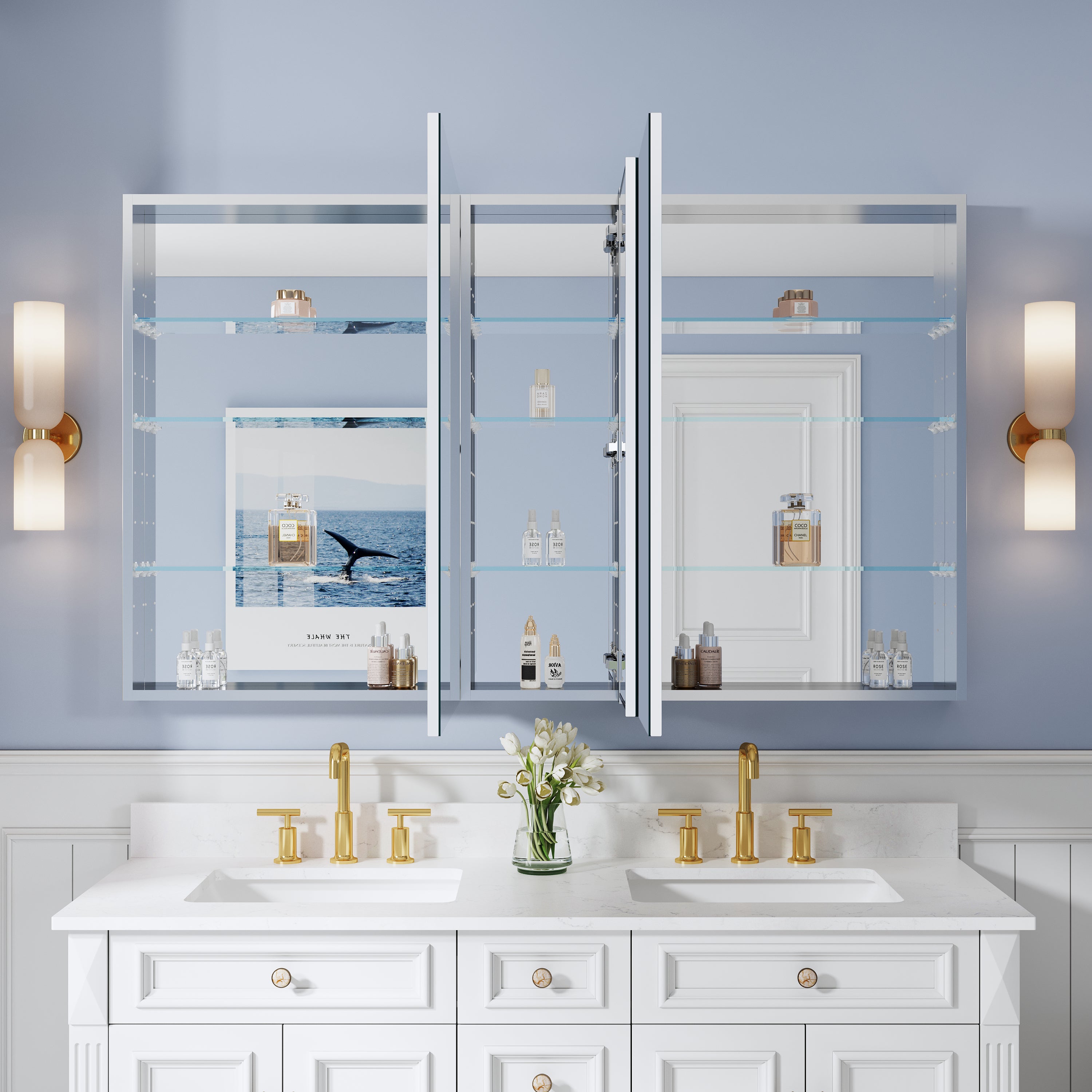 60 in. ×36 in. Copper-Free Tri-Views Mirror Medicine Cabinet with Adjustable Shelves and 3 Doors