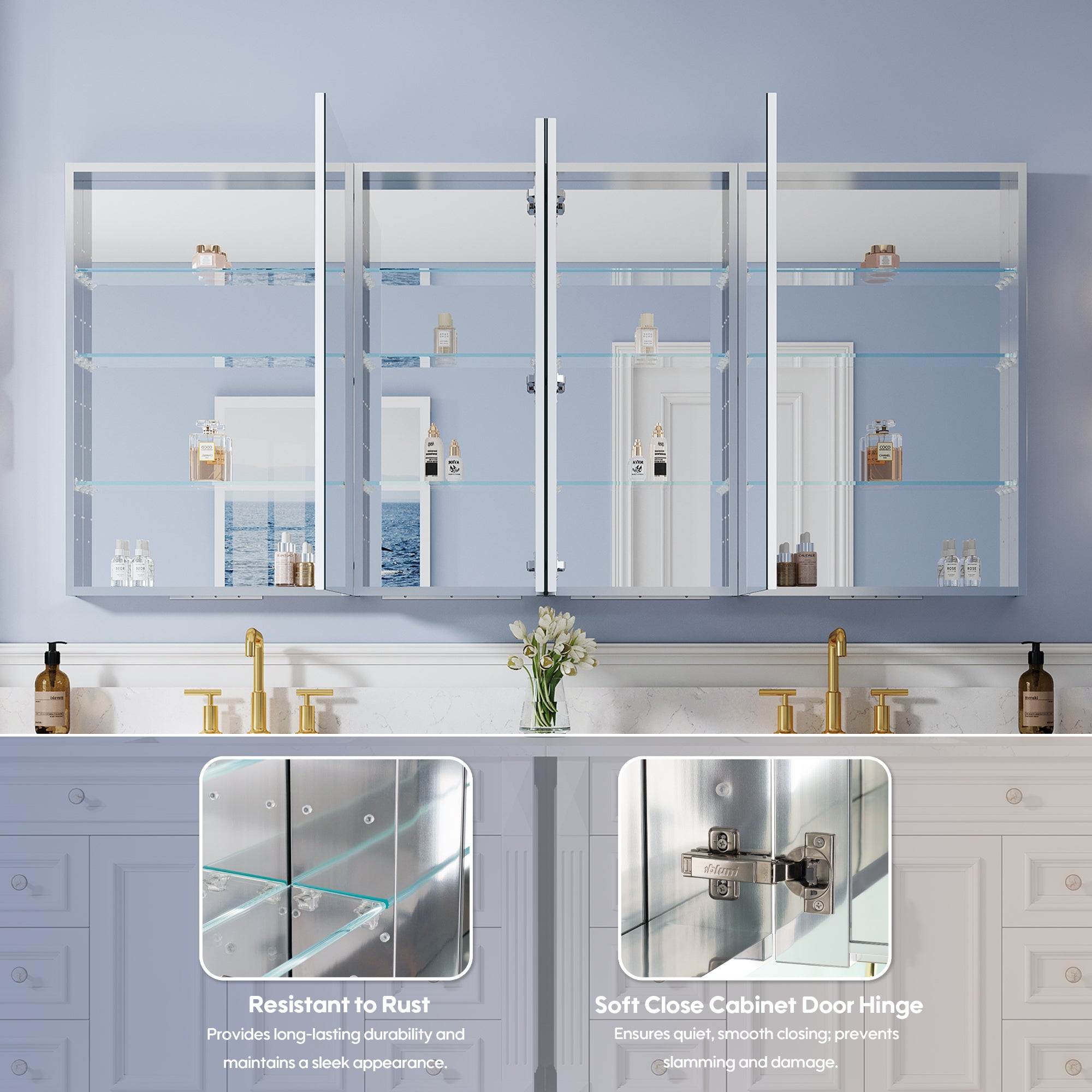 80 in. ×36 in. Copper-Free Tri-Views Mirror Medicine Cabinet with Adjustable Shelves and 4 Swing Doors