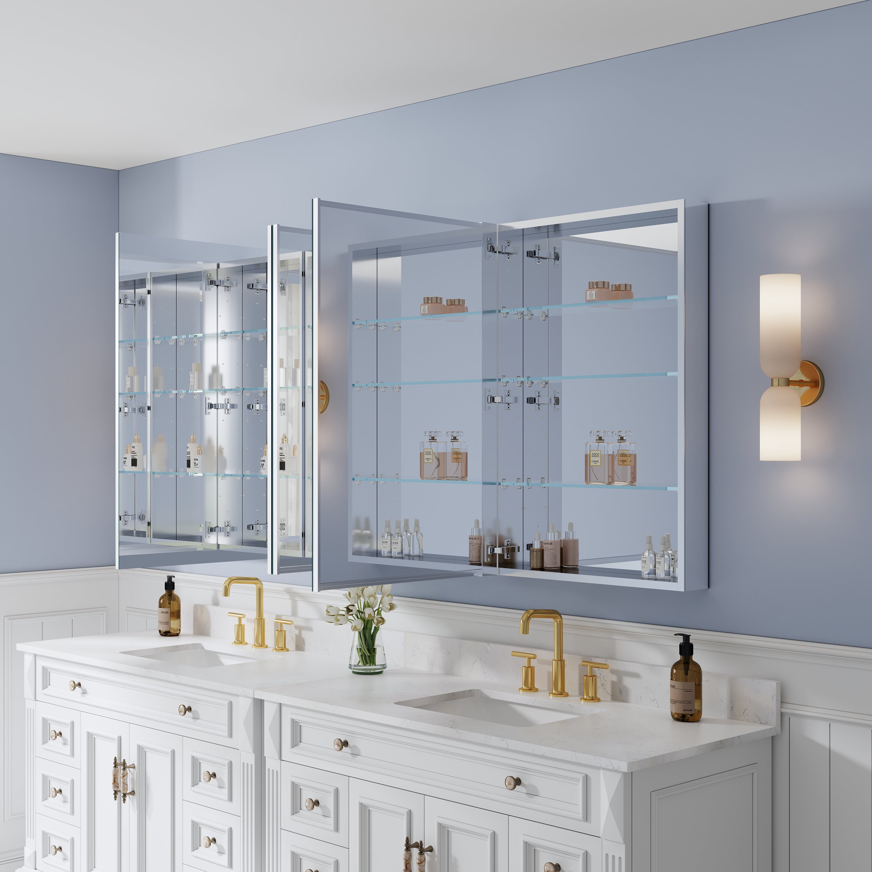 80 in. ×36 in. Copper-Free Tri-Views Mirror Medicine Cabinet with Adjustable Shelves and 4 Swing Doors