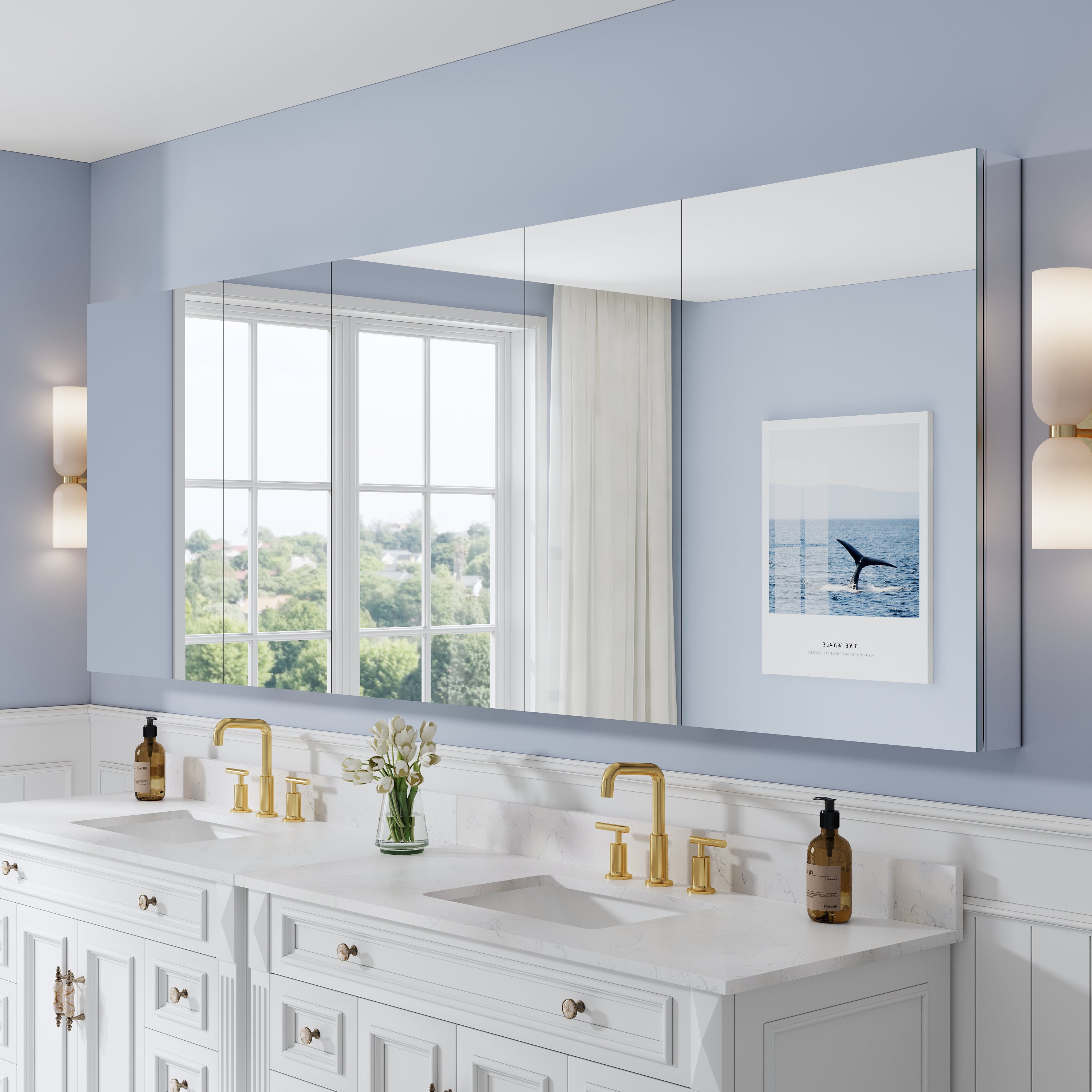 104 in. ×36 in. Copper-Free Tri-Views Mirror Medicine Cabinet with Adjustable Shelves and 5 Swing Doors