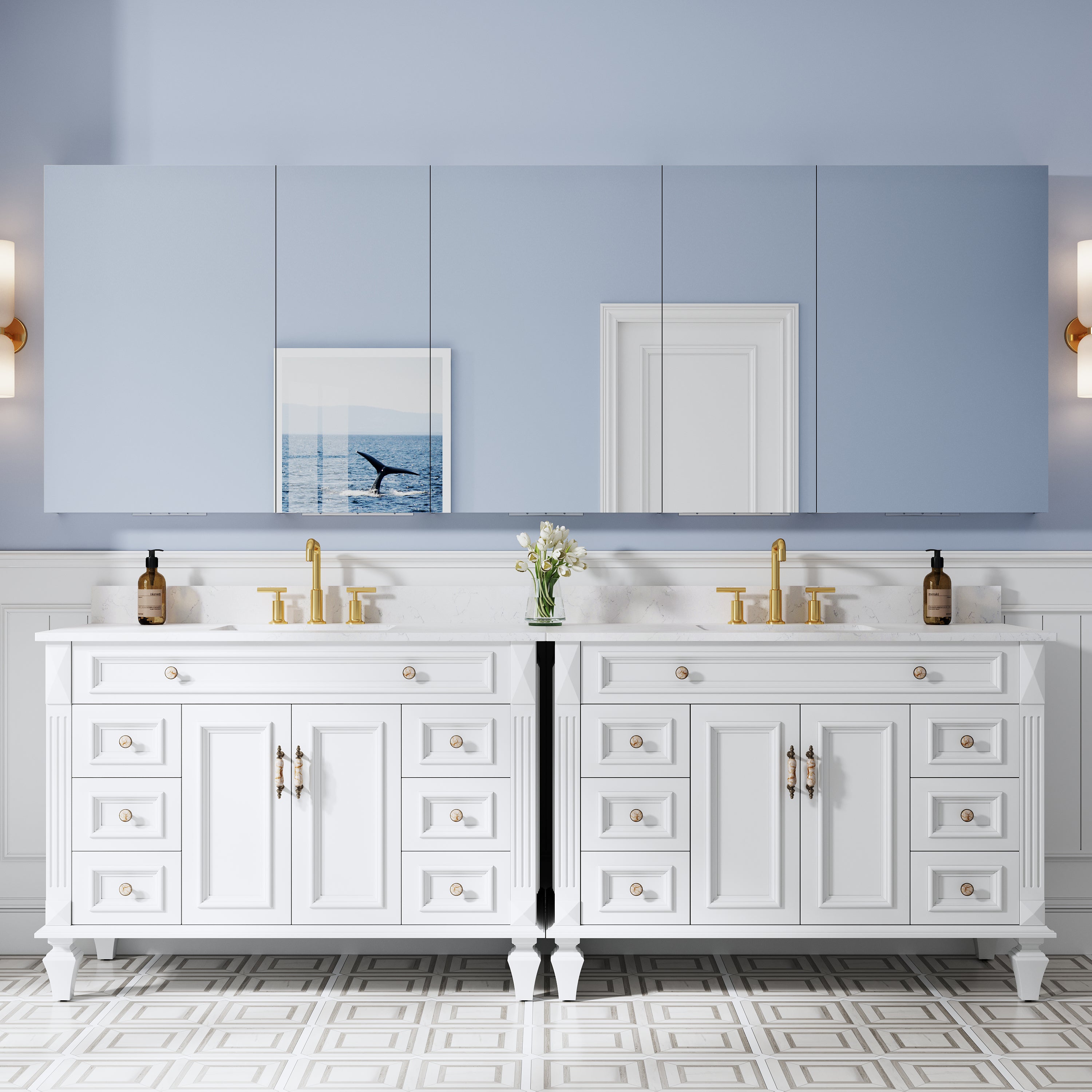 104 in. ×36 in. Copper-Free Tri-Views Mirror Medicine Cabinet with Adjustable Shelves and 5 Swing Doors