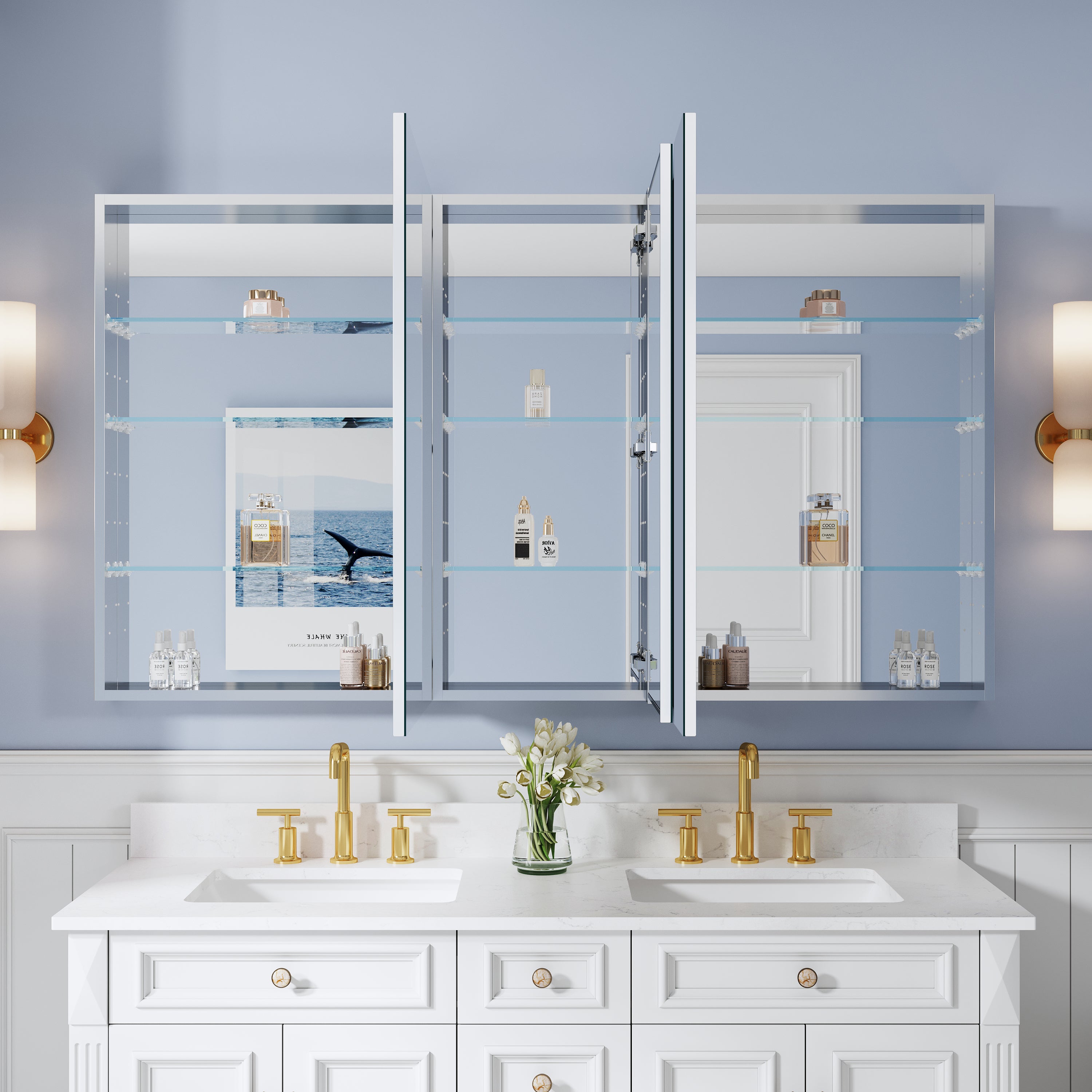 64 in. ×36 in. Copper-Free Tri-Views Mirror Medicine Cabinet with Adjustable Shelves and 3 Doors