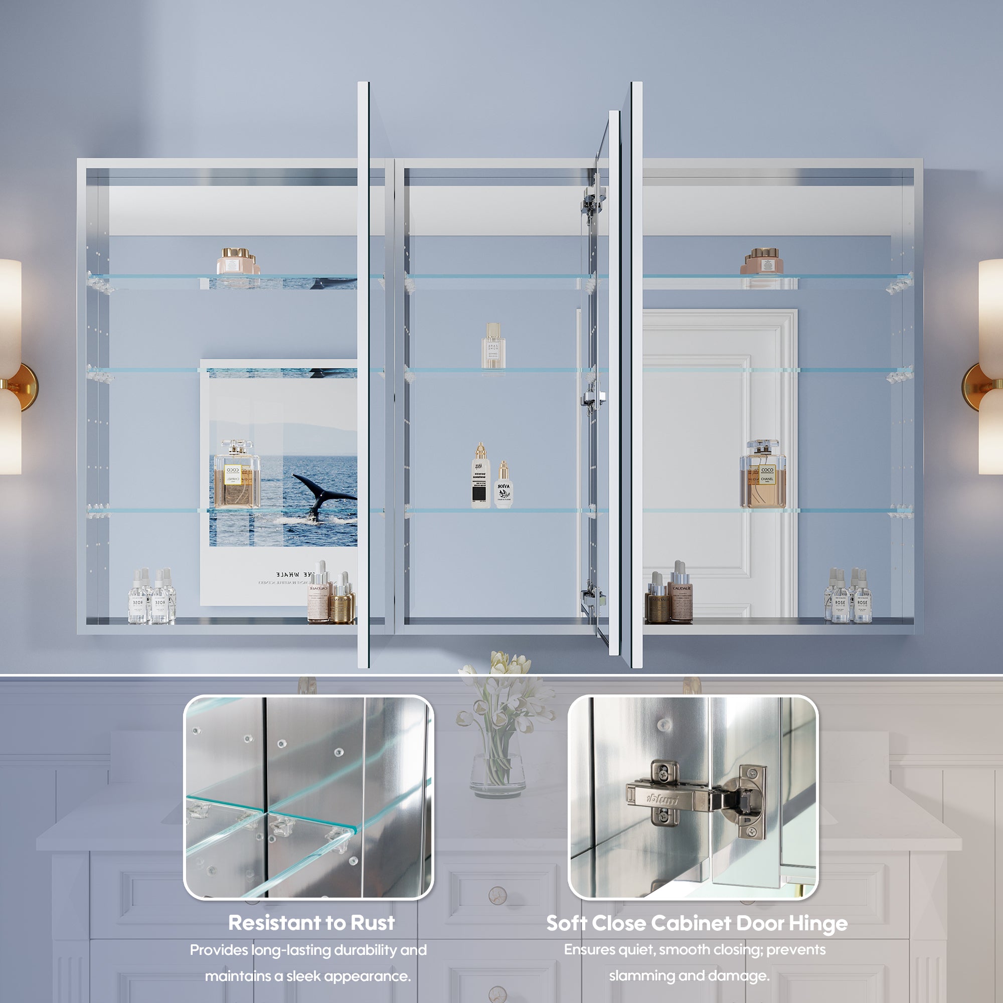 64 in. ×36 in. Copper-Free Tri-Views Mirror Medicine Cabinet with Adjustable Shelves and 3 Doors