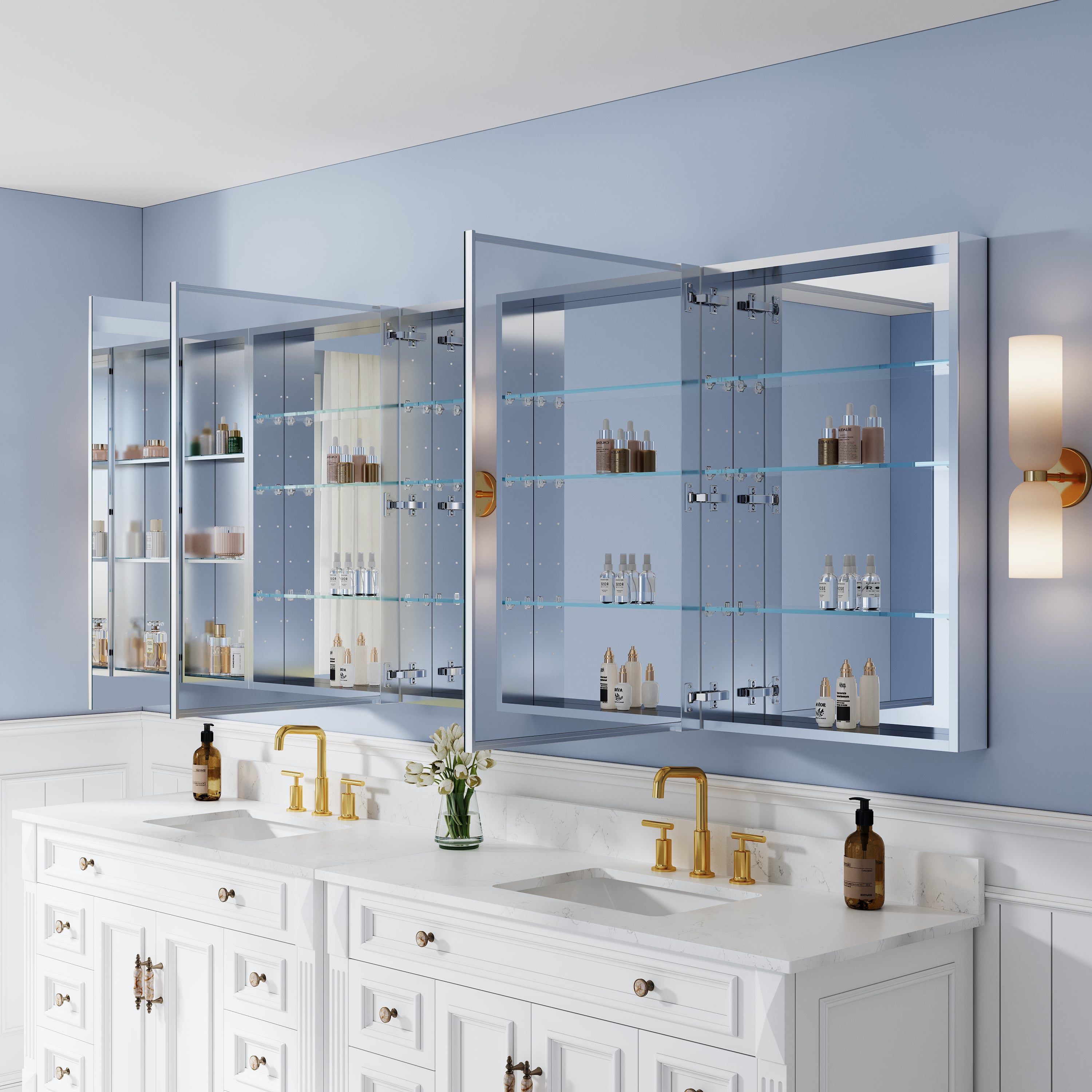 96 in. ×36 in. Bathroom Medicine Cabinet Set with Copper-Free Tri-View Mirror and Open Side Cabinet, Recessed or Surface Mount