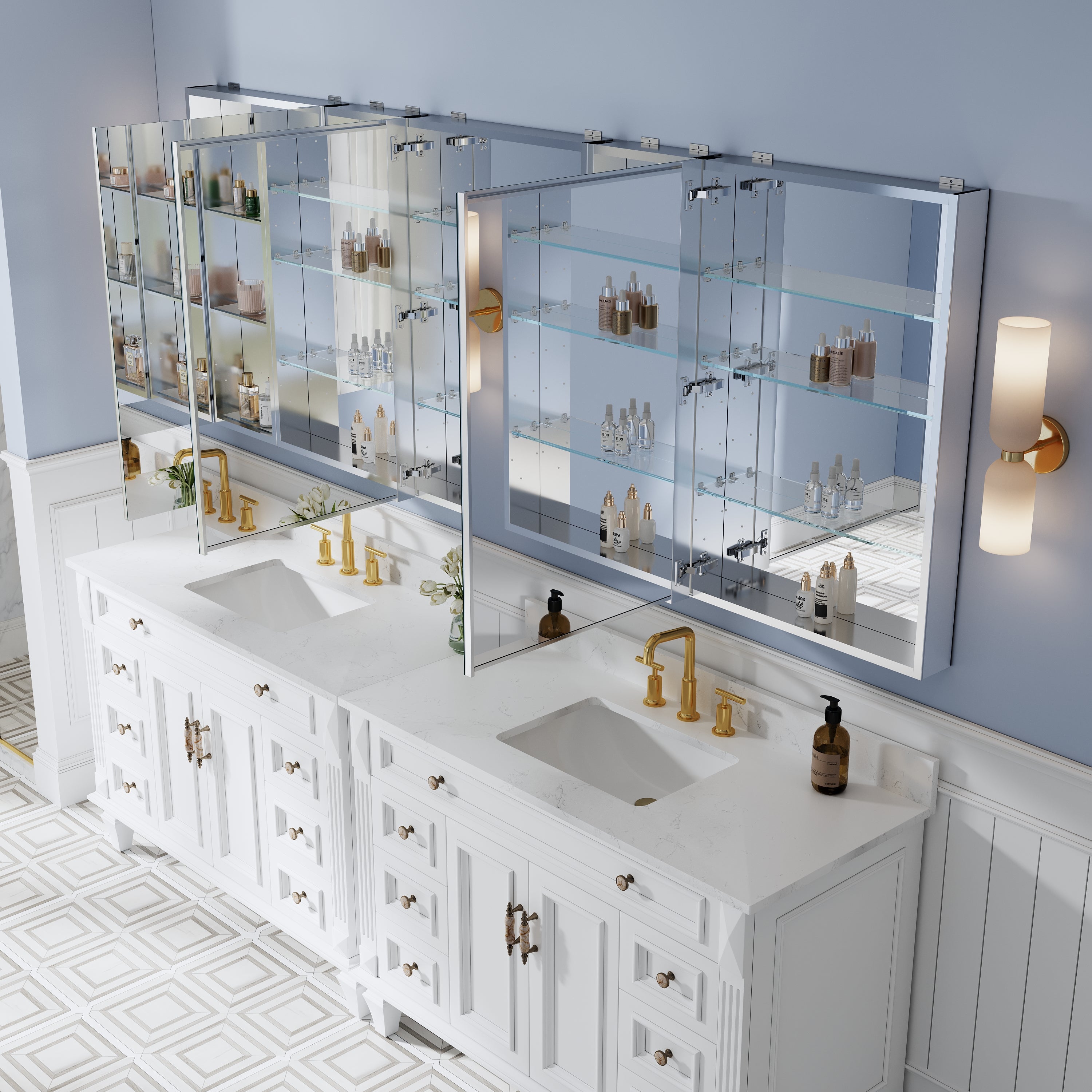 96 in. ×36 in. Bathroom Medicine Cabinet Set with Copper-Free Tri-View Mirror and Open Side Cabinet, Recessed or Surface Mount