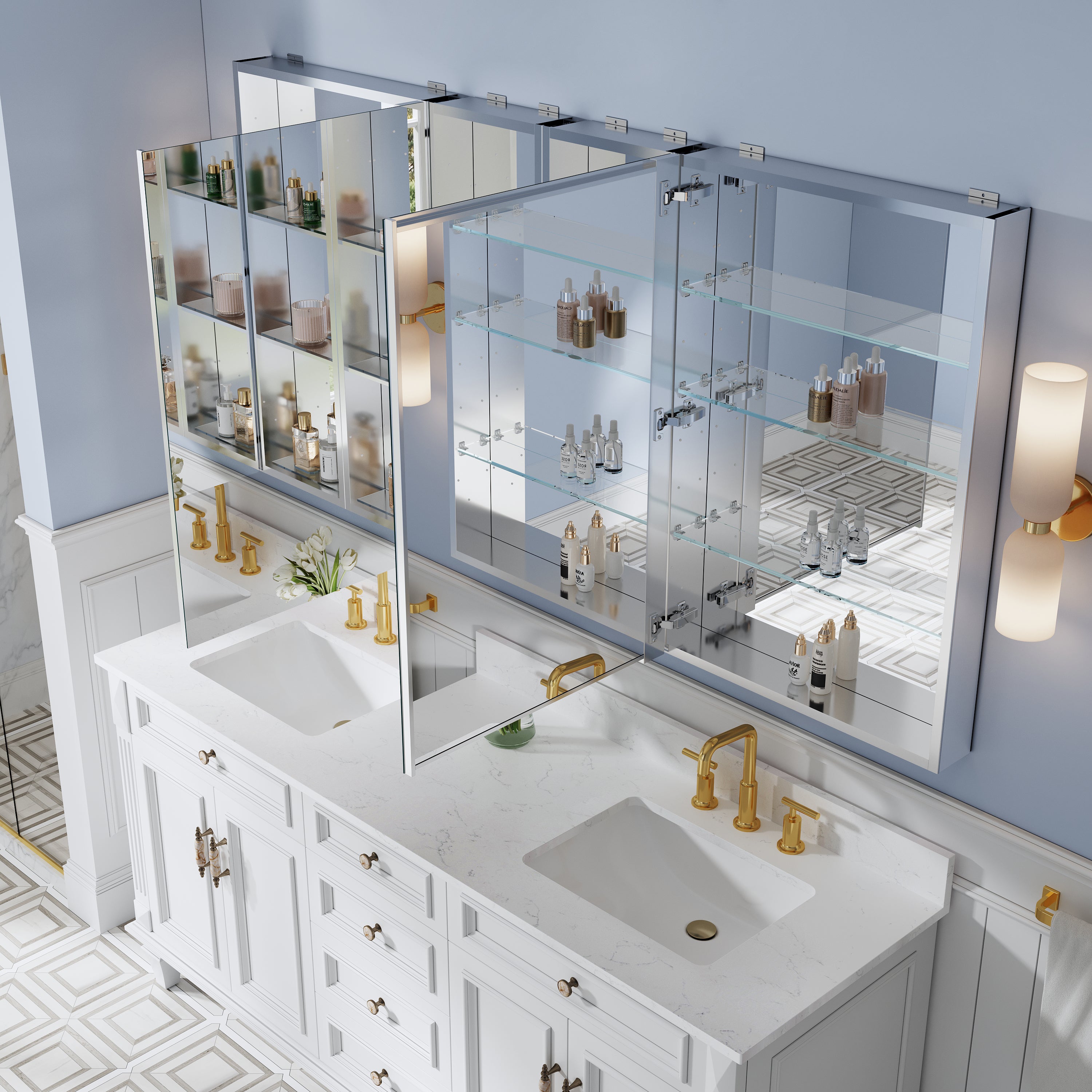 72 in. ×36 in. Bathroom Medicine Cabinet Set with Copper-Free Tri-View Mirror and Open Side Cabinet, Recessed or Surface Mount