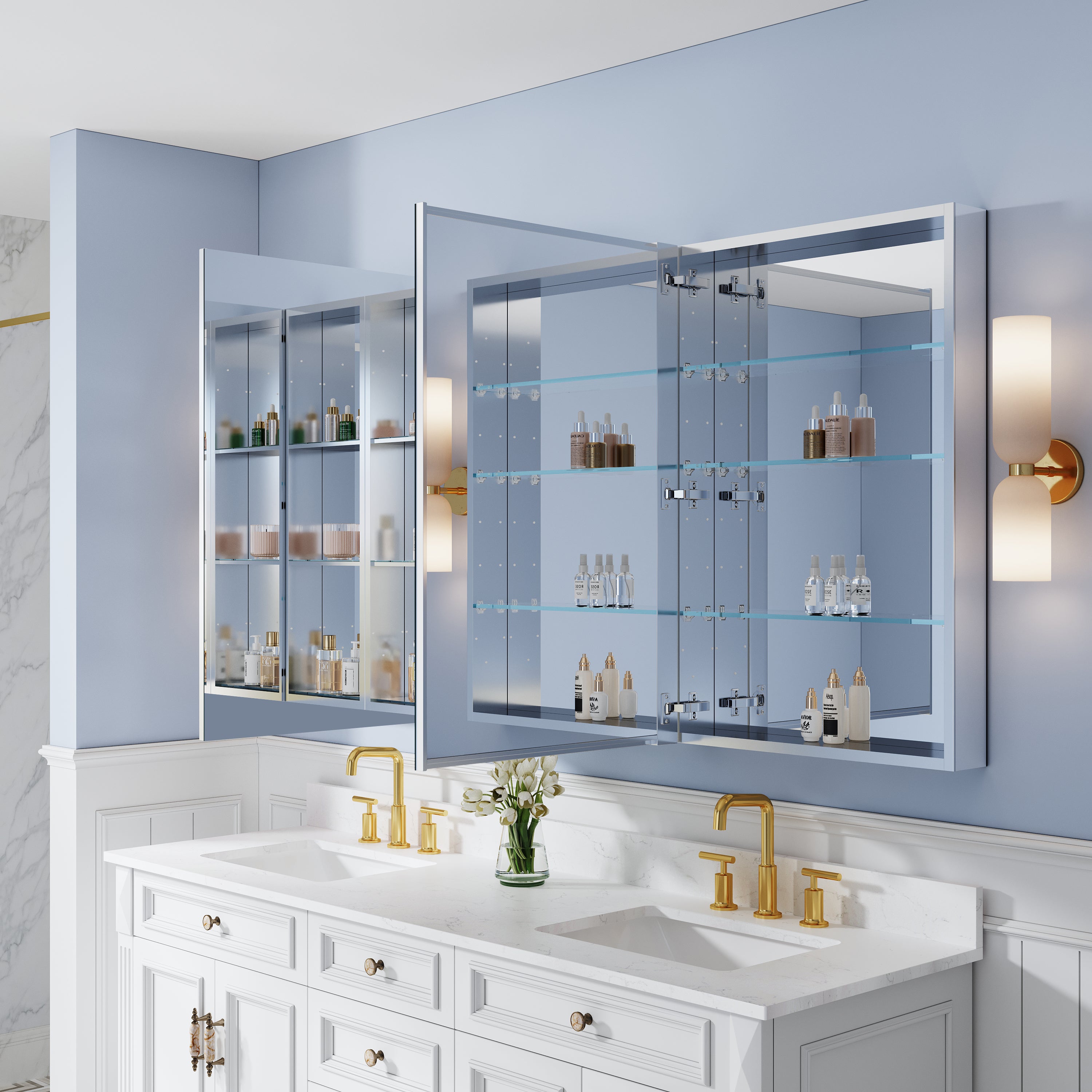 72 in. ×36 in. Bathroom Medicine Cabinet Set with Copper-Free Tri-View Mirror and Open Side Cabinet, Recessed or Surface Mount