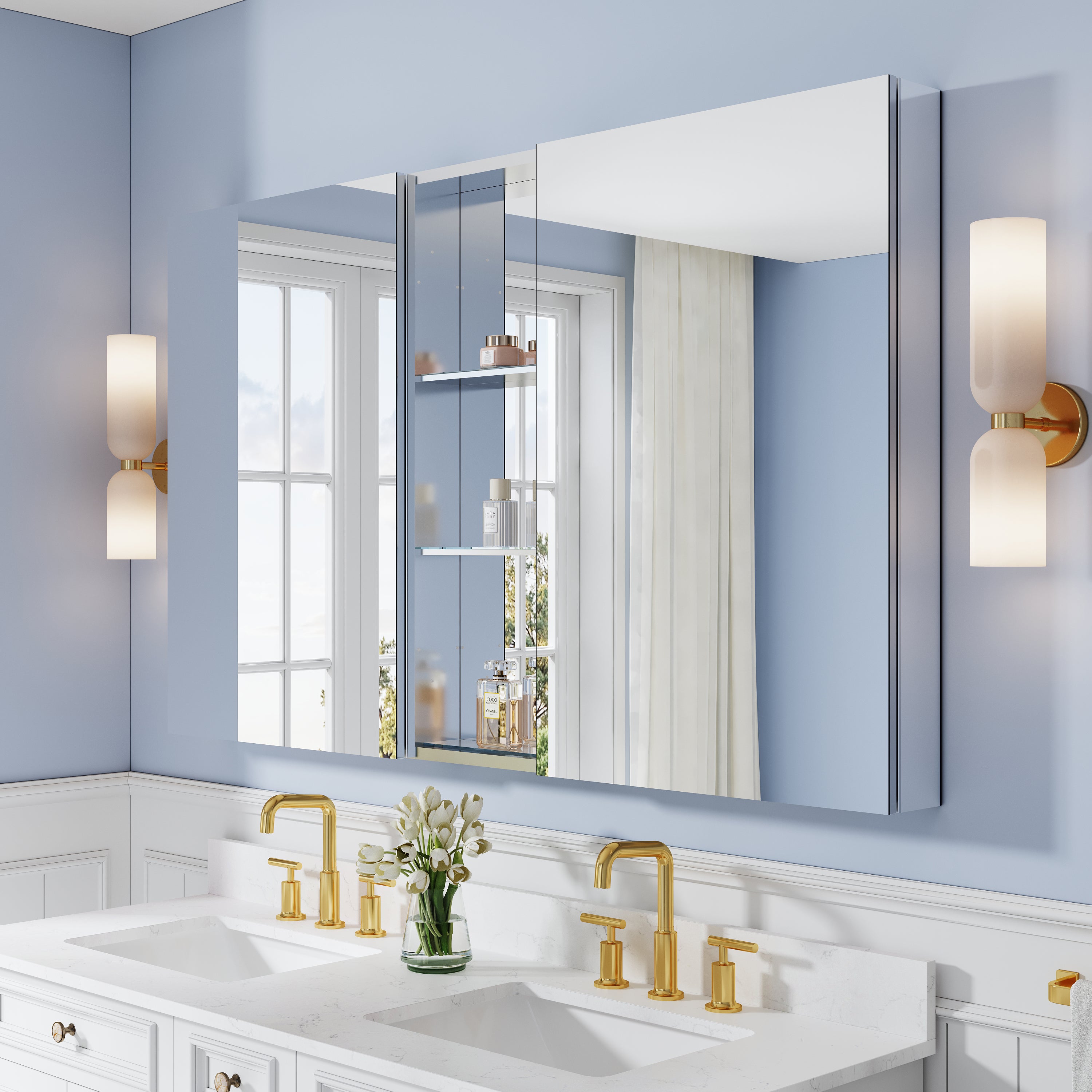 60 in. ×36 in. Bathroom Medicine Cabinet Set with Copper-Free Tri-View Mirror and Open Side Cabinet, Recessed or Surface Mount