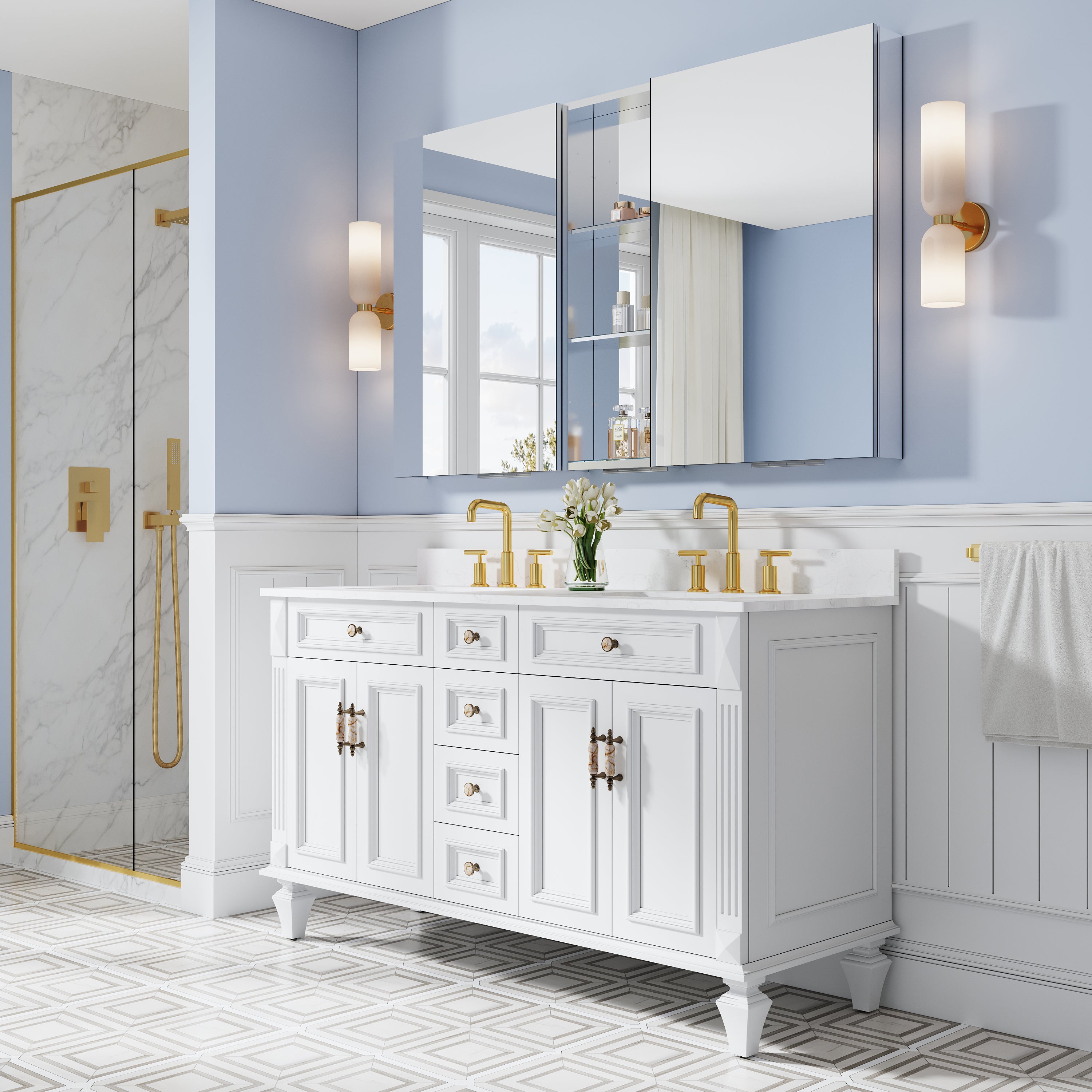 60 in. ×36 in. Bathroom Medicine Cabinet Set with Copper-Free Tri-View Mirror and Open Side Cabinet, Recessed or Surface Mount