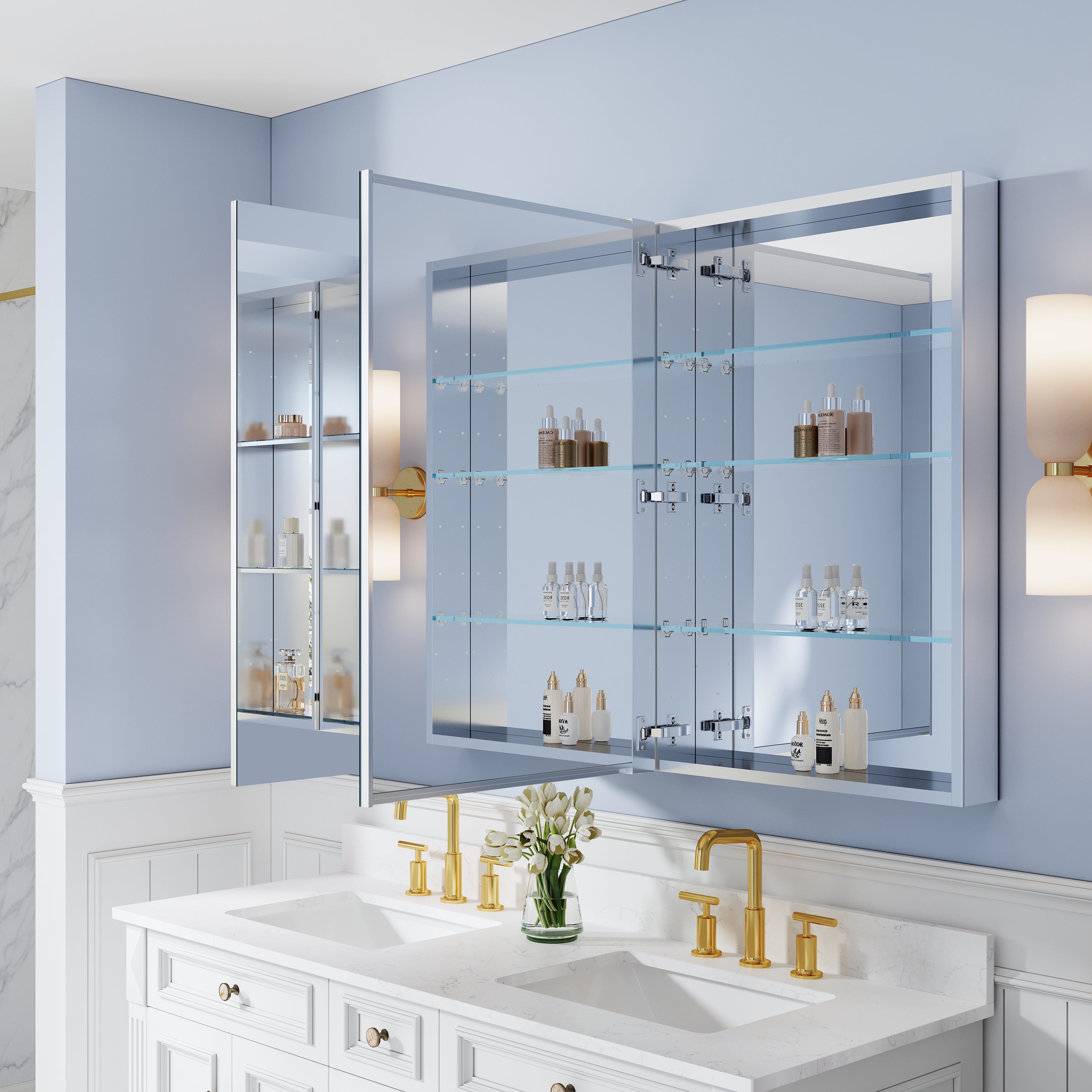 60 in. ×36 in. Bathroom Medicine Cabinet Set with Copper-Free Tri-View Mirror and Open Side Cabinet, Recessed or Surface Mount