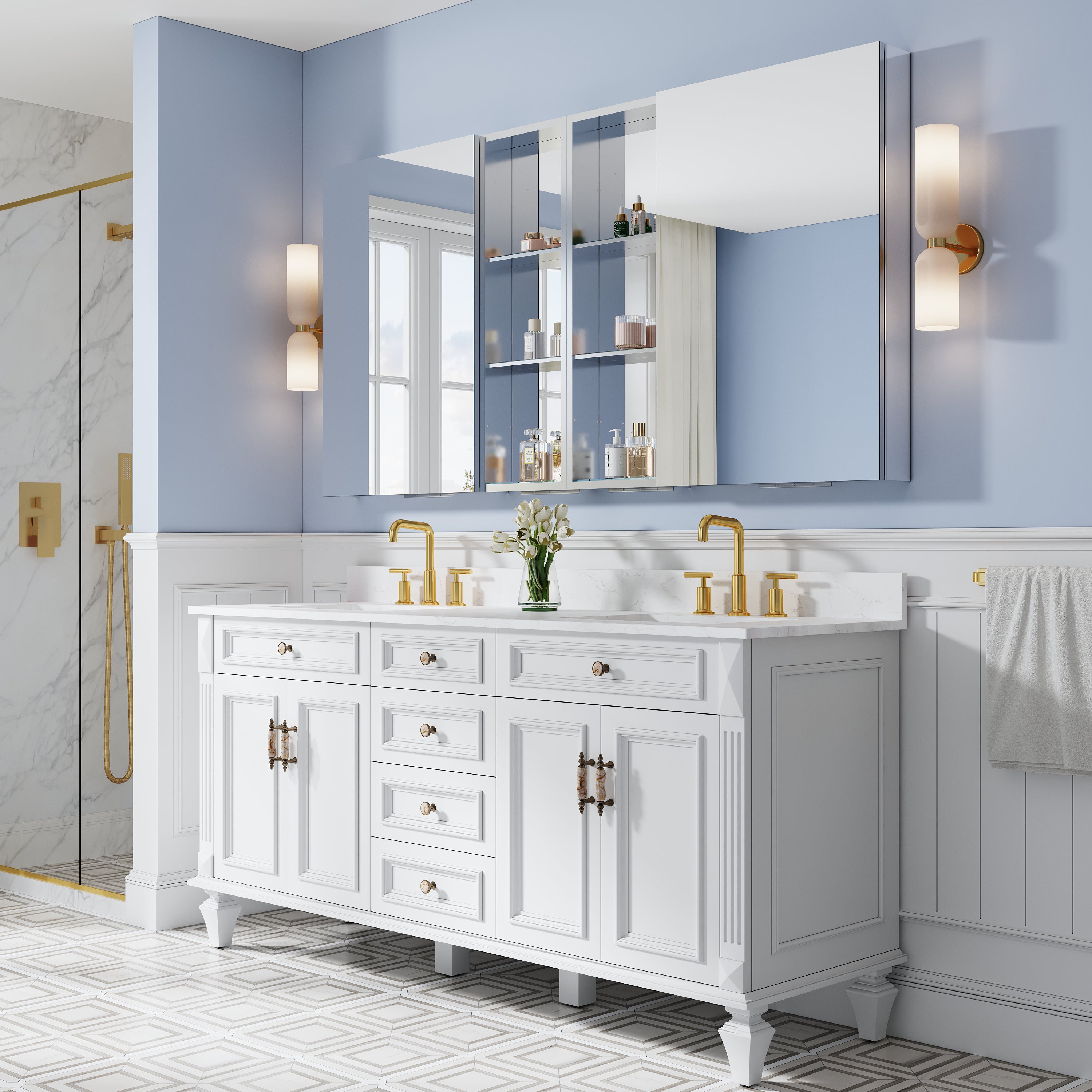 72 in. ×36 in. Bathroom Medicine Cabinet Set with Copper-Free Tri-View Mirror and Open Side Cabinet, Recessed or Surface Mount