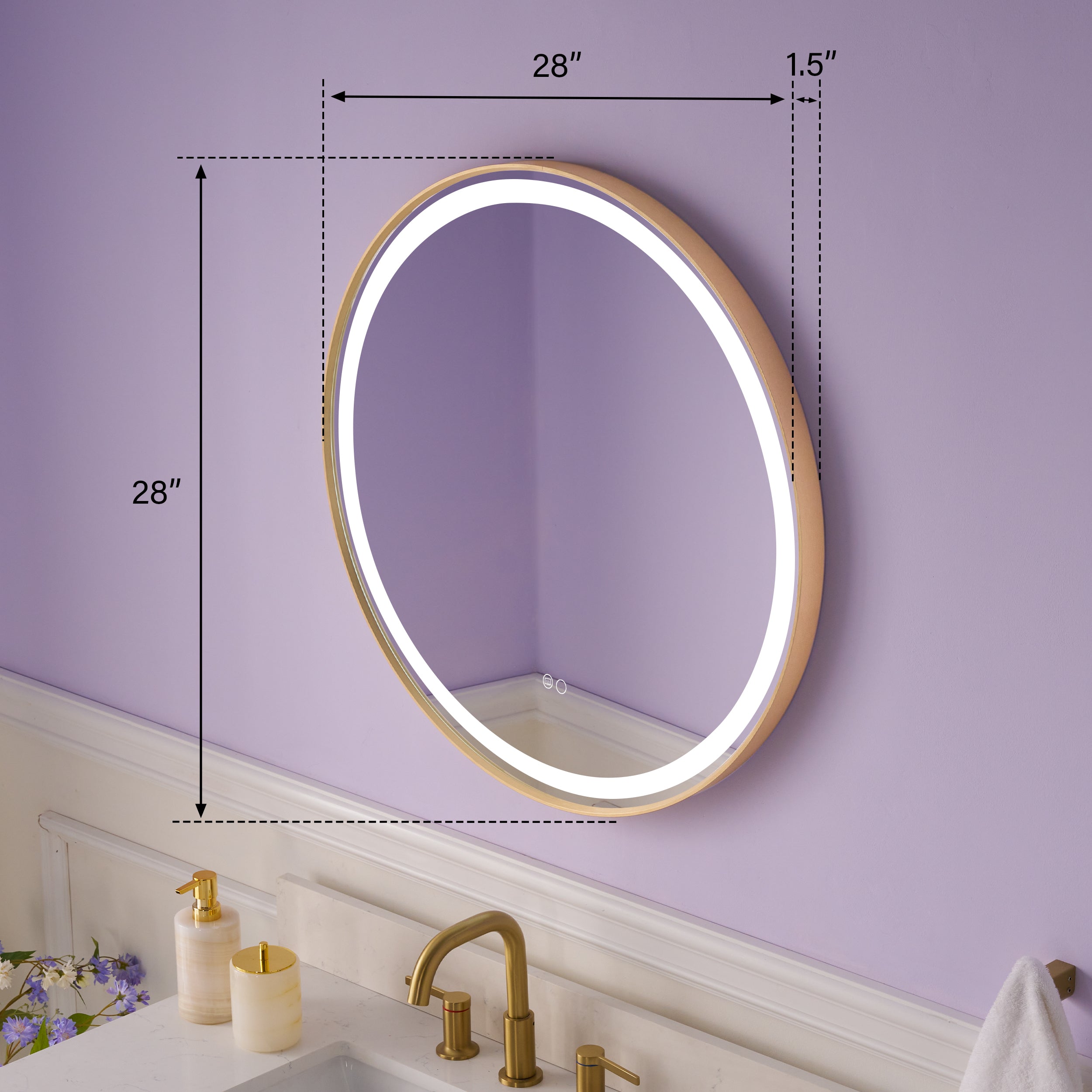 28 in. W x 28 in. H Framed Round LED Light Bathroom Vanity Mirror in Brushed Gold