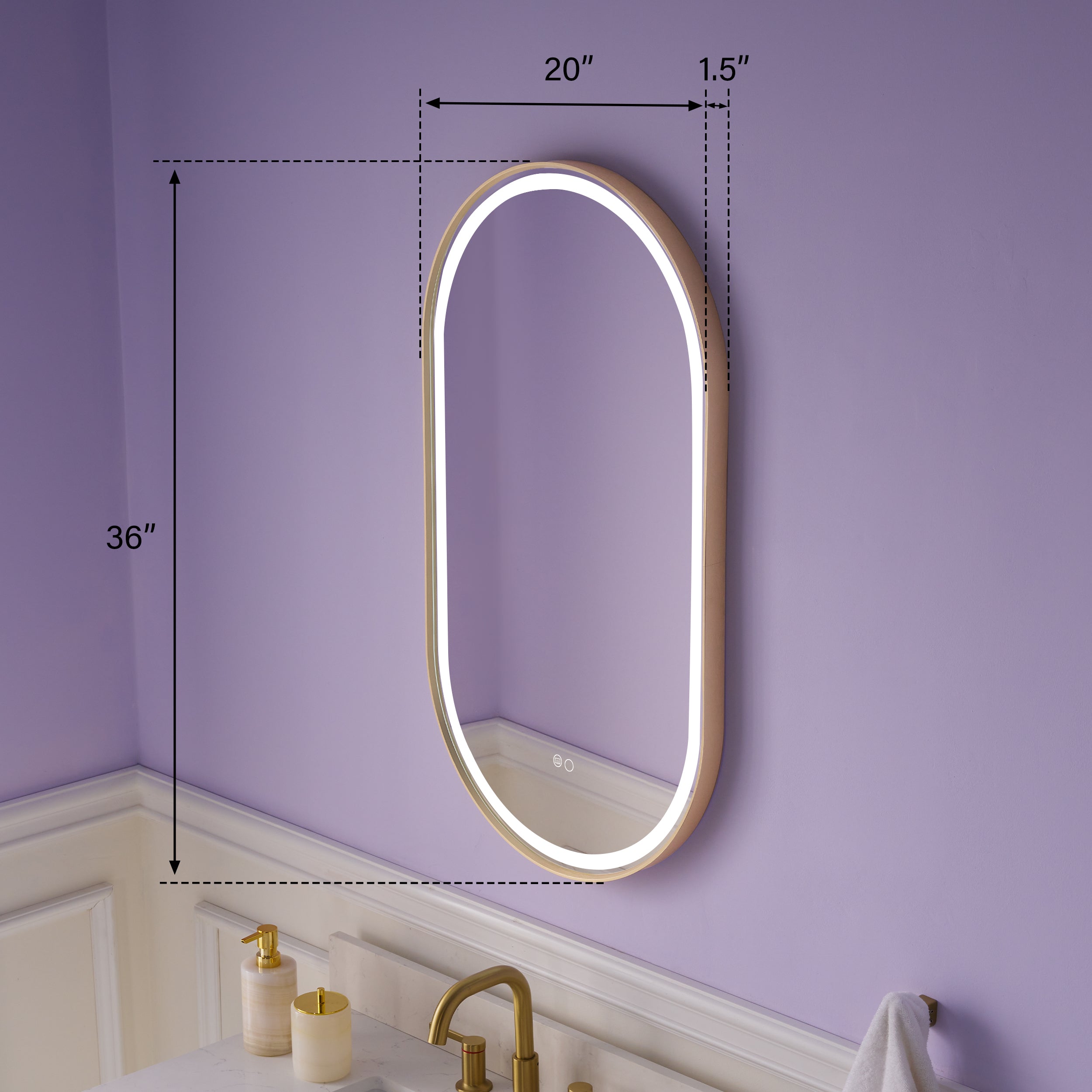 20 in. W x 36 in. H Oval LED Framed Mirror, Anti-Fog, Dimmable in Brushed Gold