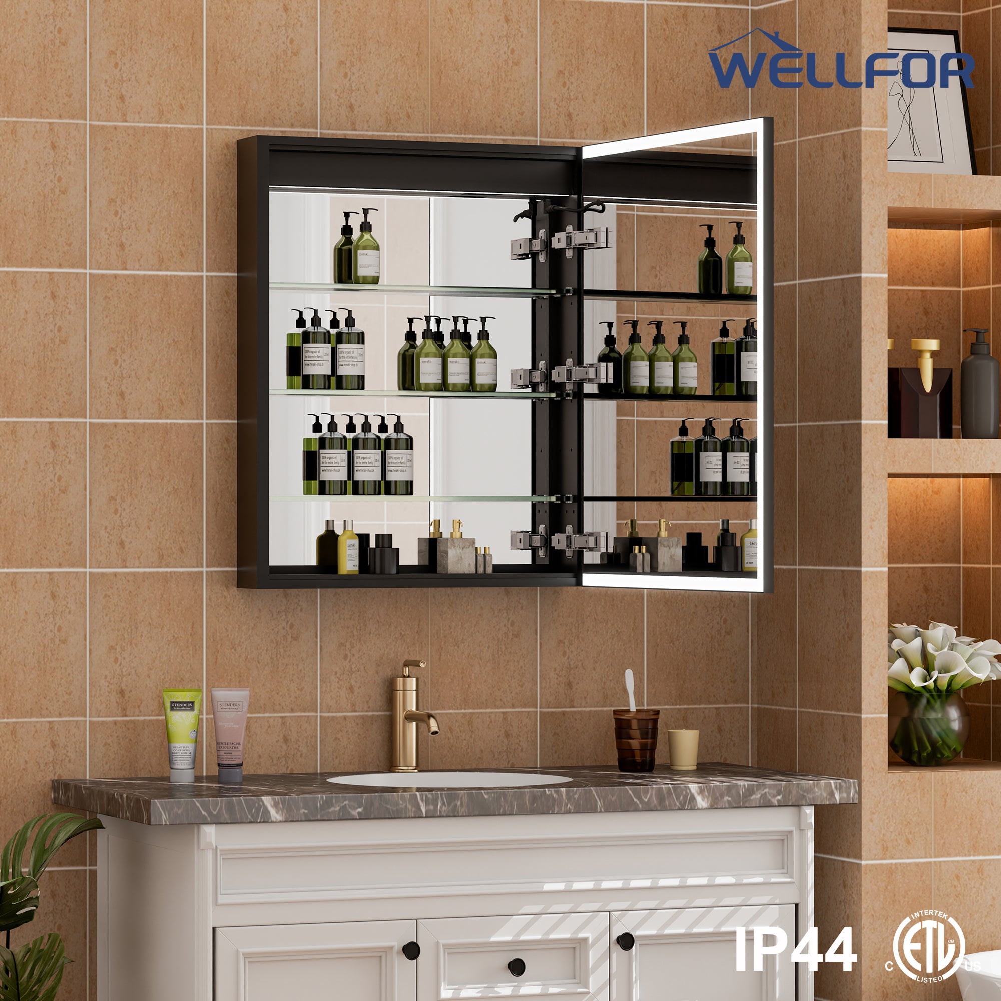 60" Navy Blue Solid Wood Bathroom Vanity & 2-Piece 24" LED Mirror Medicine Cabinet Combo