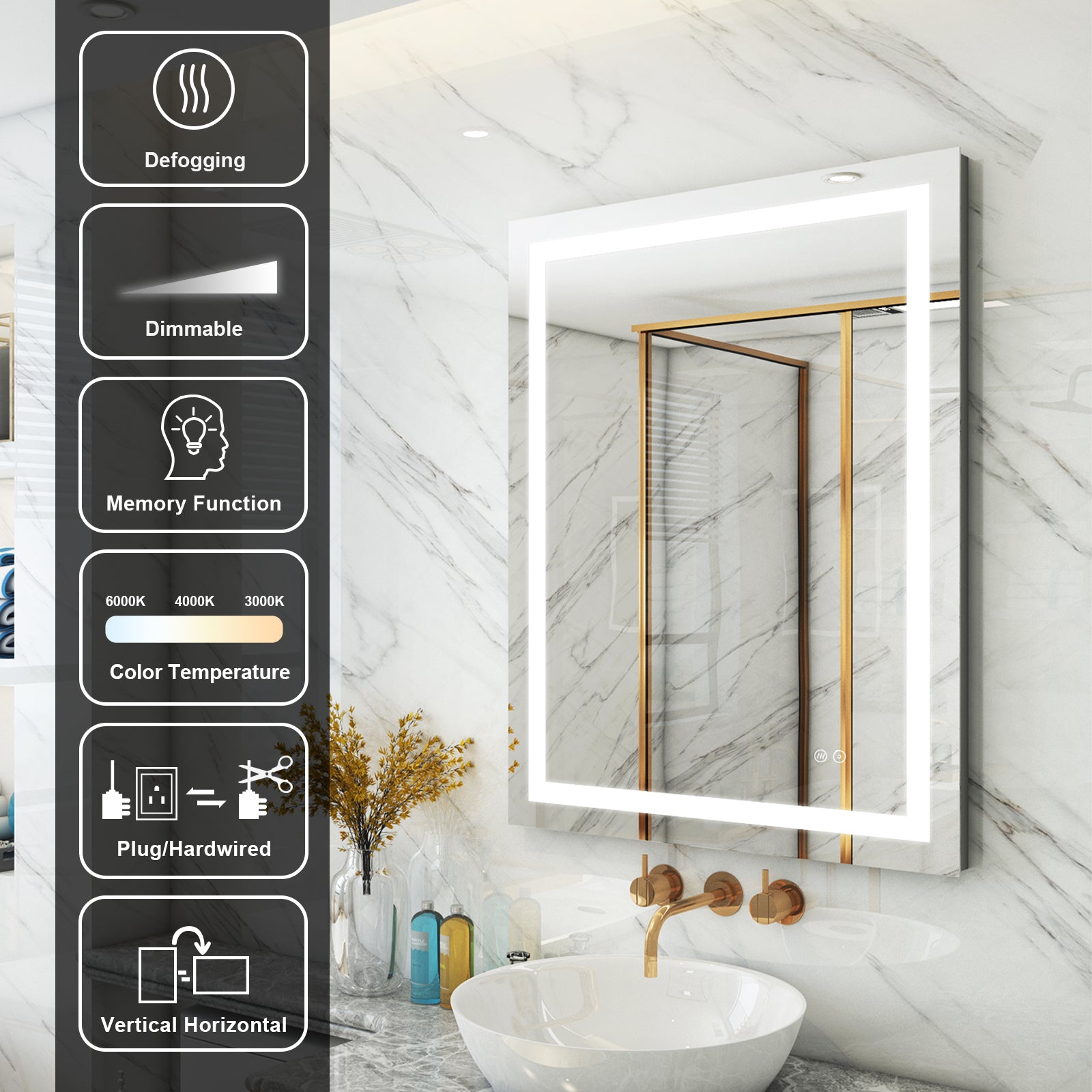 28 in. W x 36 in. H Rectangular Frameless Anti-Fog Lighted Bathroom Mirror in Aluminum