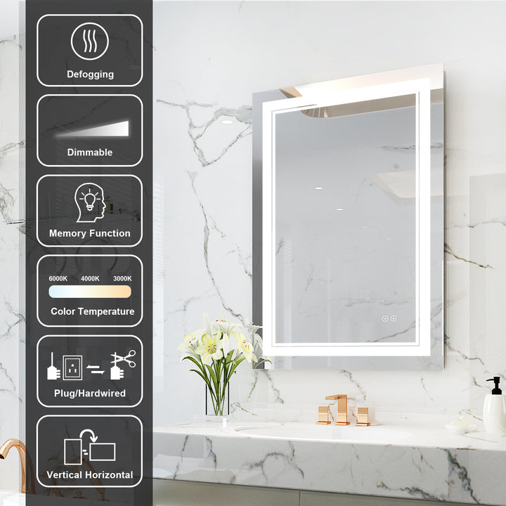 24 in. W x 36 in. H Rectangular Frameless Anti-Fog LED Light Dimmable Bathroom Vanity Mirror in Aluminum