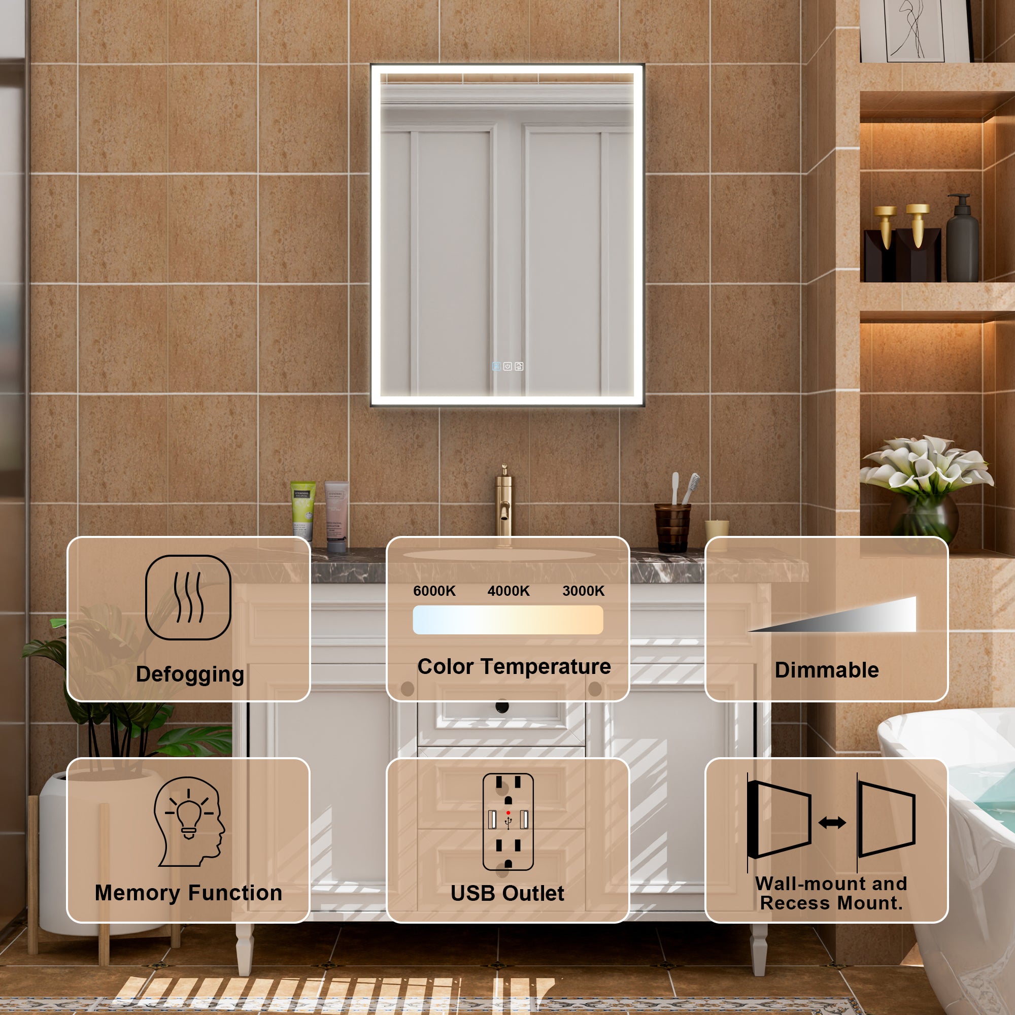 60" Navy Blue Solid Wood Bathroom Vanity & 2-Piece 24" LED Mirror Medicine Cabinet Combo