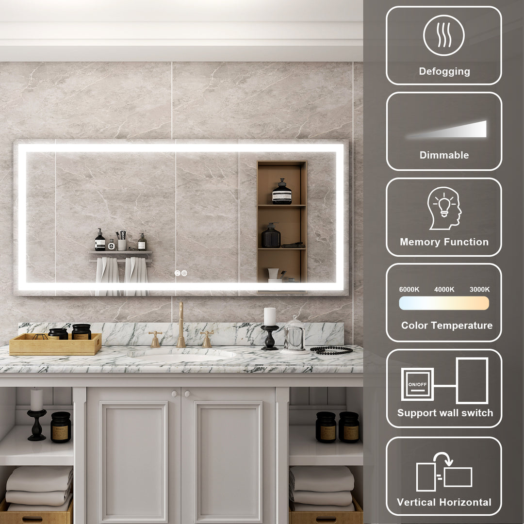 72 in. W x 36 in. H Rectangular Frameless Anti-Fog LED Light Bathroom Vanity Mirror in Aluminum