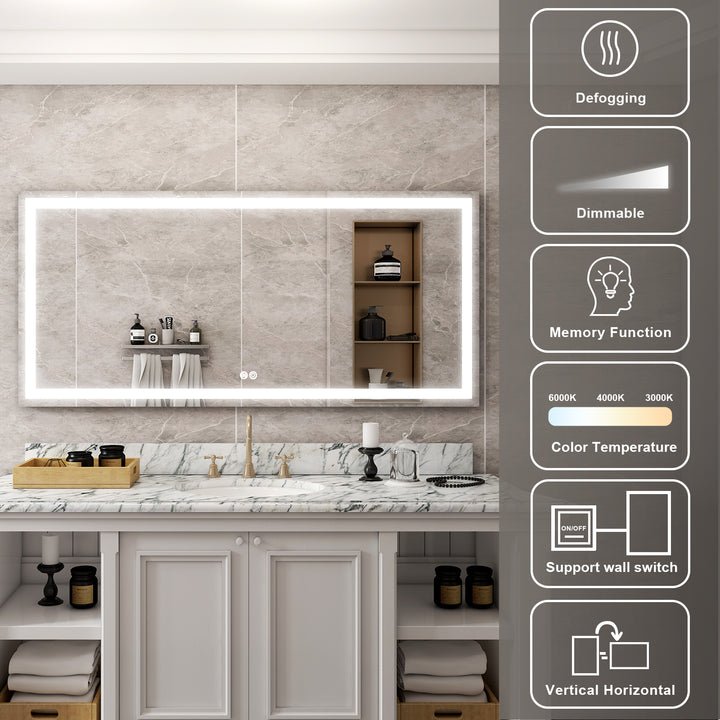 72 in. W x 36 in. H Rectangular Frameless Anti-Fog LED Light Bathroom Vanity Mirror in Aluminum
