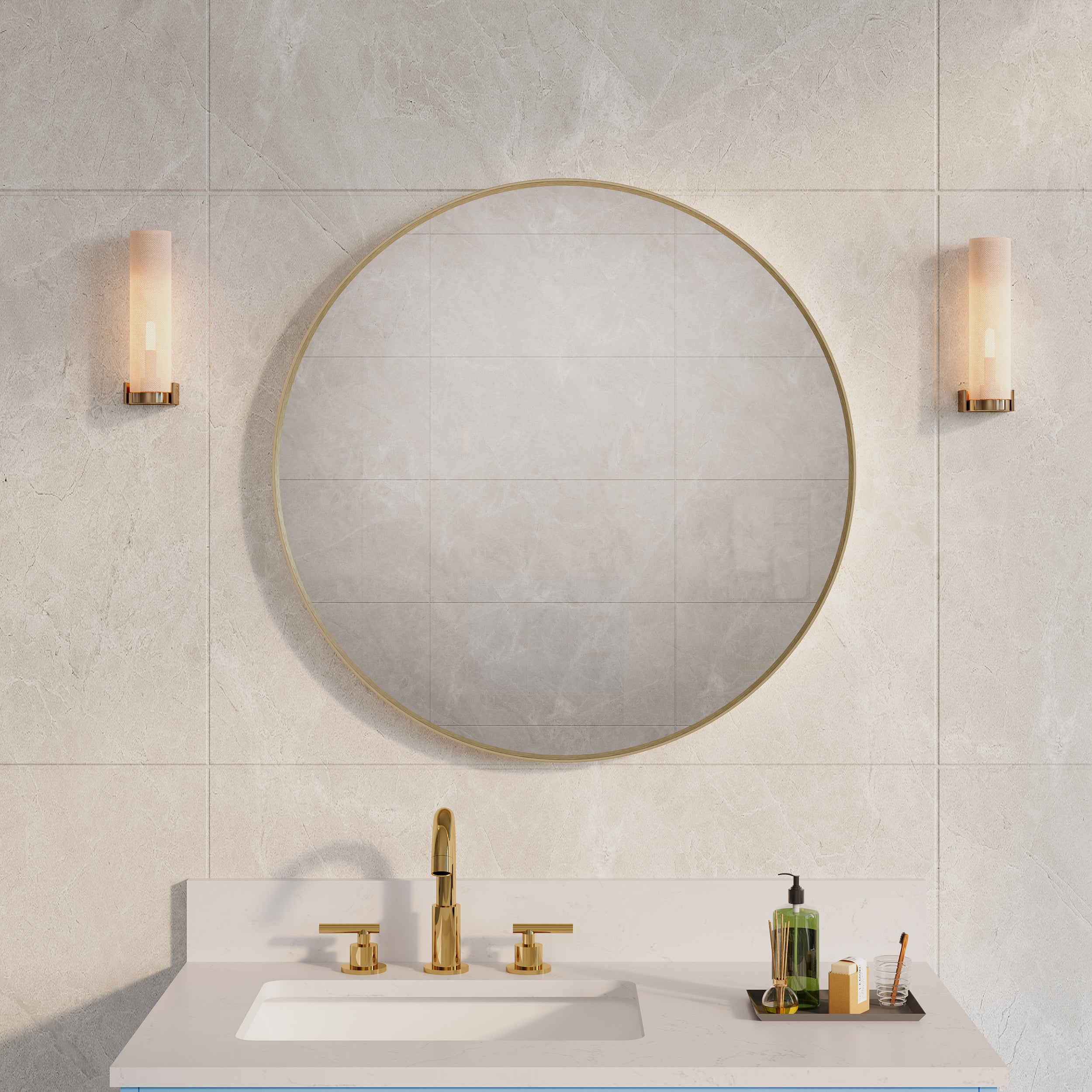 28 in. W x 28 in. H Modern Bathroom Mirror Round Framed Aluminum Wall Mirror Brushed Gold