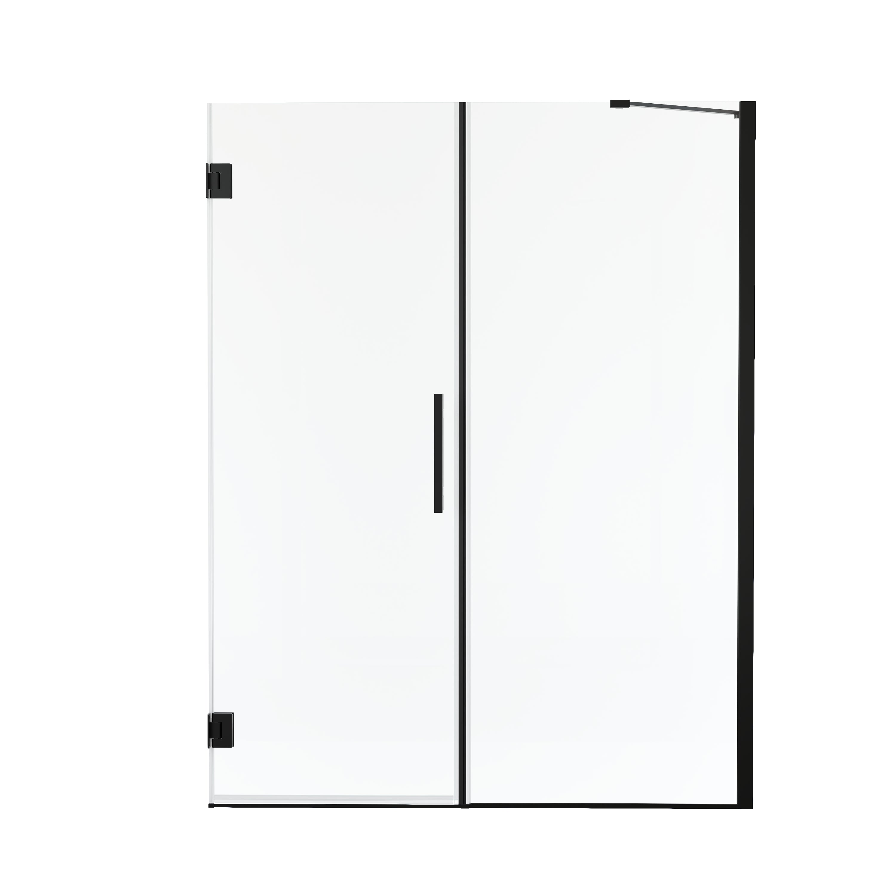 56–57 in. W x 72 in. H Frameless Hinged Shower Door with 3/8" Clear Tempered Glass and Fixed Glass Panel, Includes Support Bar