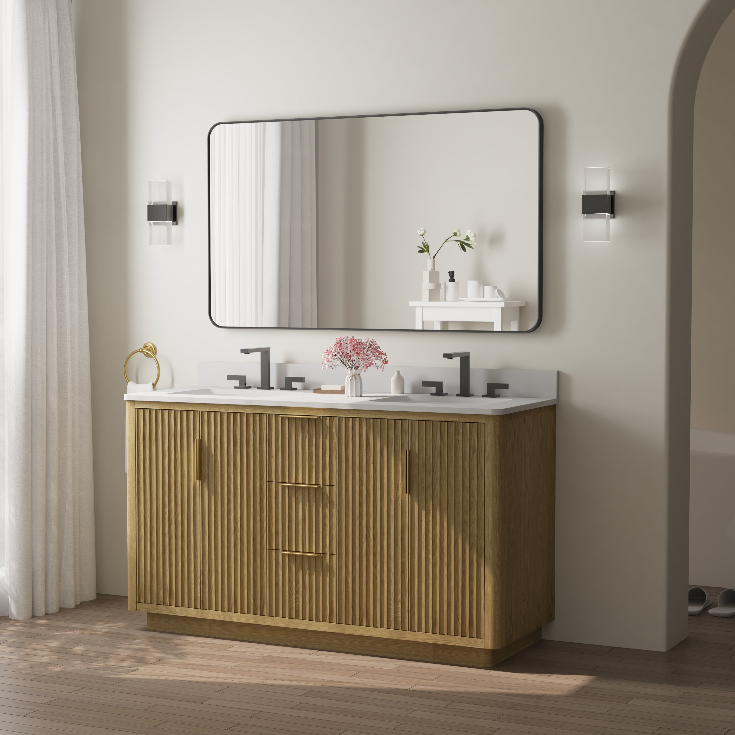 55-in W x 32-in H Black Rectangular Framed Bathroom Vanity Mirror