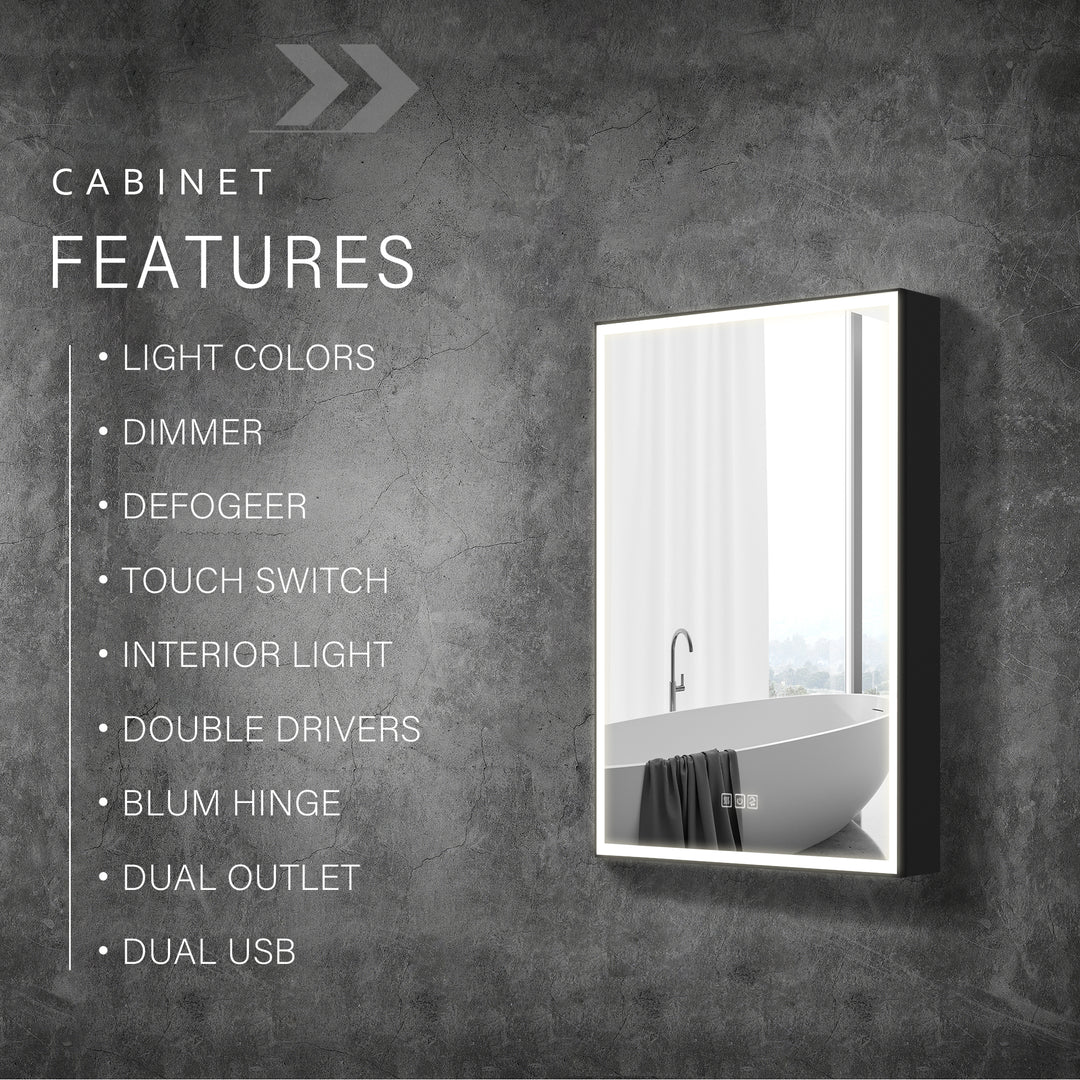 20'' x 30'' Black Aluminum Left Medicine Cabinet with Mirror and LED Light