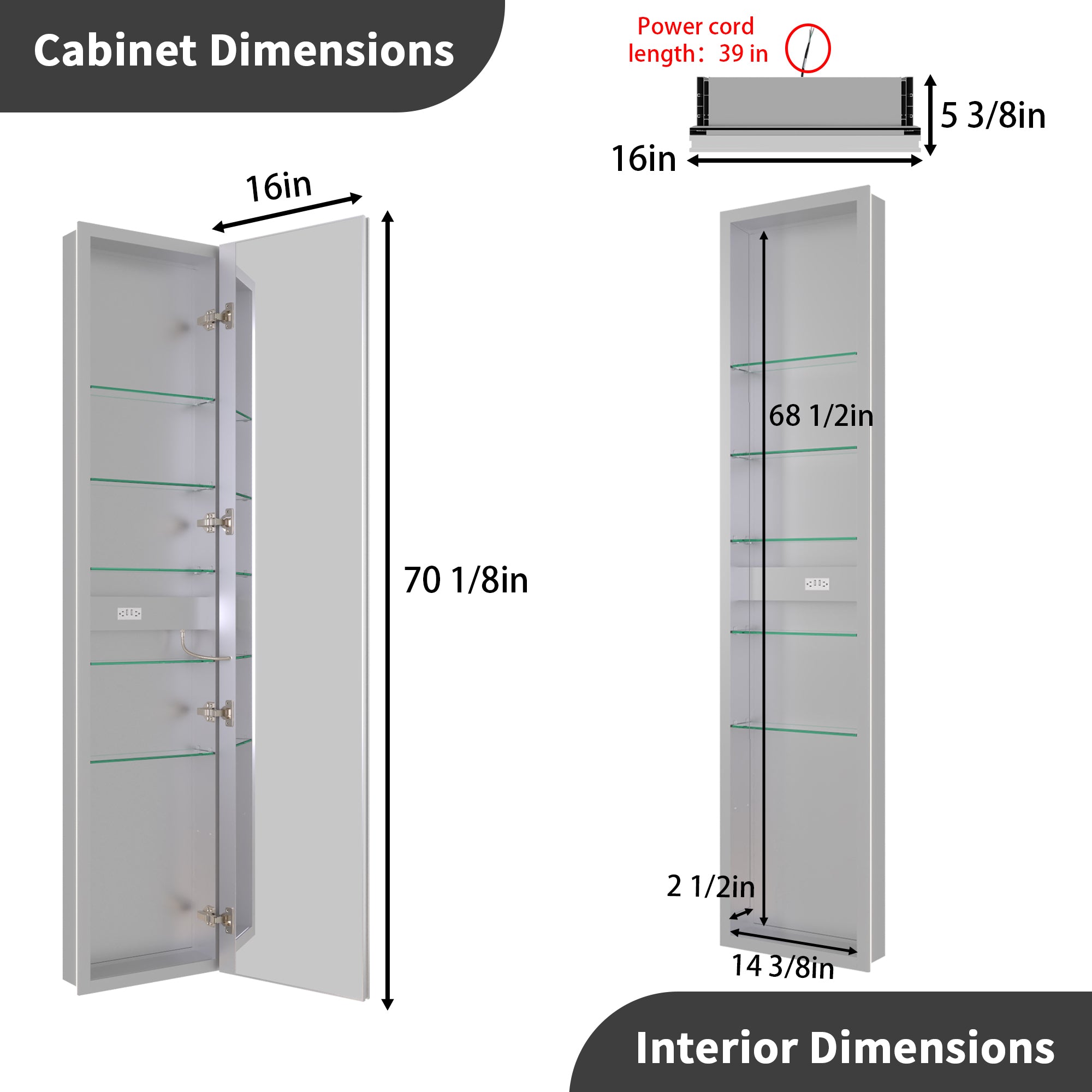 16 in. x 70 in. Recessed/Surface Mount Full Length LED Mirror Cabinet with Front&Backlit and Reversible Door Design