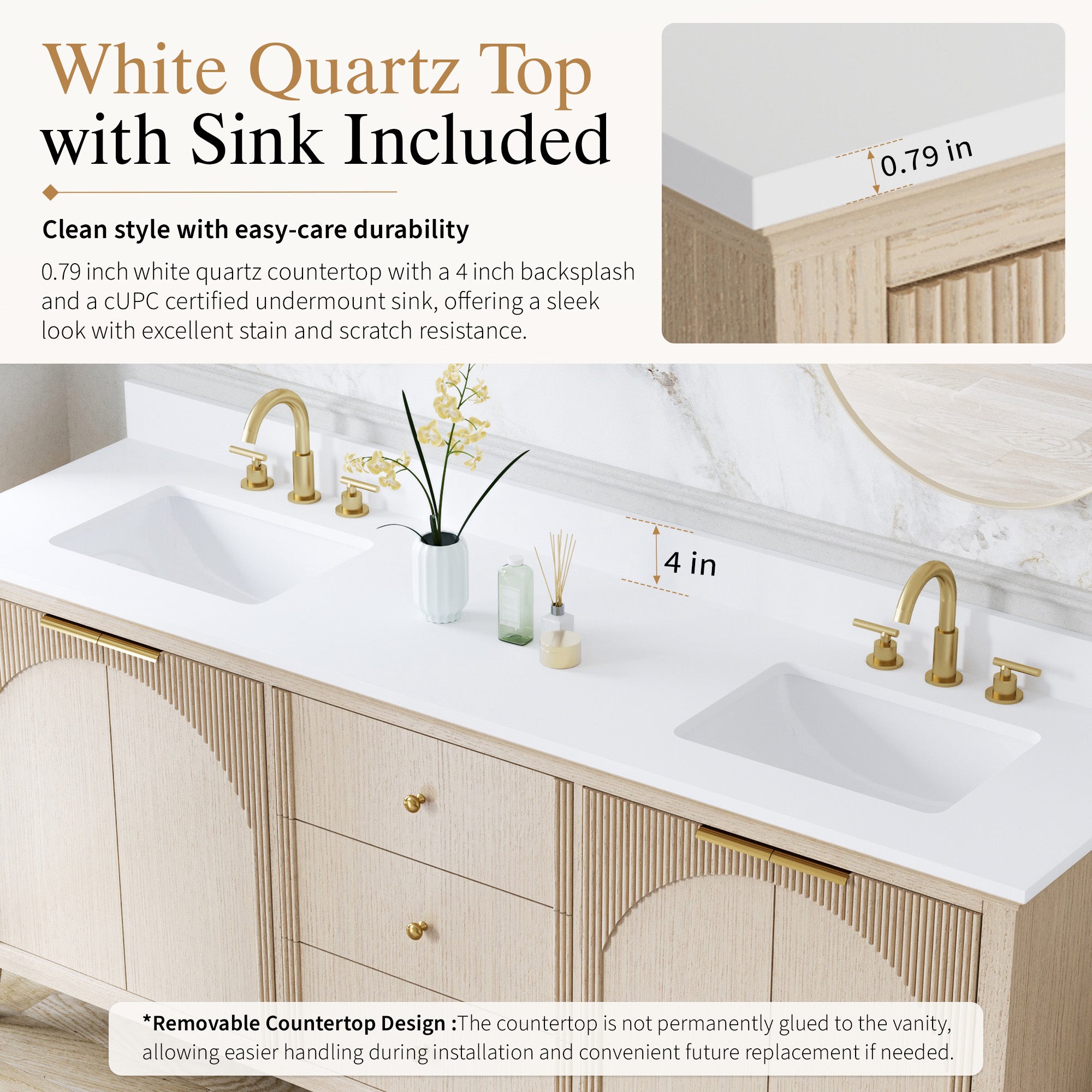 80 Inch Modern Light Oak Solid Wood Bathroom Vanity with White Quartz Countertop & 3 Soft-Close Drawers