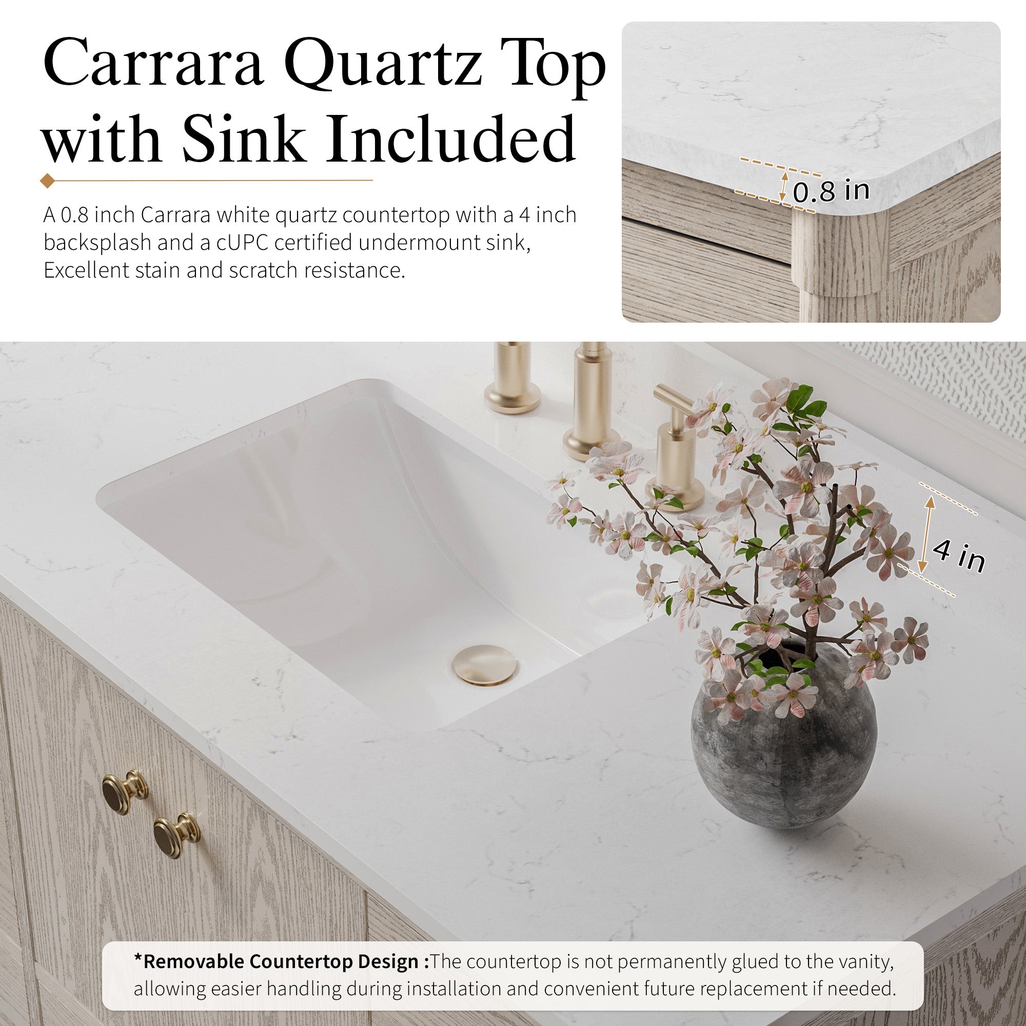48-Inch Freestanding Oak Bathroom Vanity with Single Carrara White Quartz Top Sink