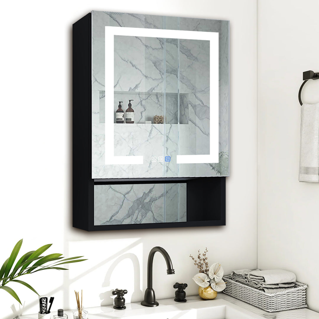 24" W x 32" H Lighted Black Bathroom Medicine Cabinet with Double Sided Mirror And Lights，Outlet Right Side