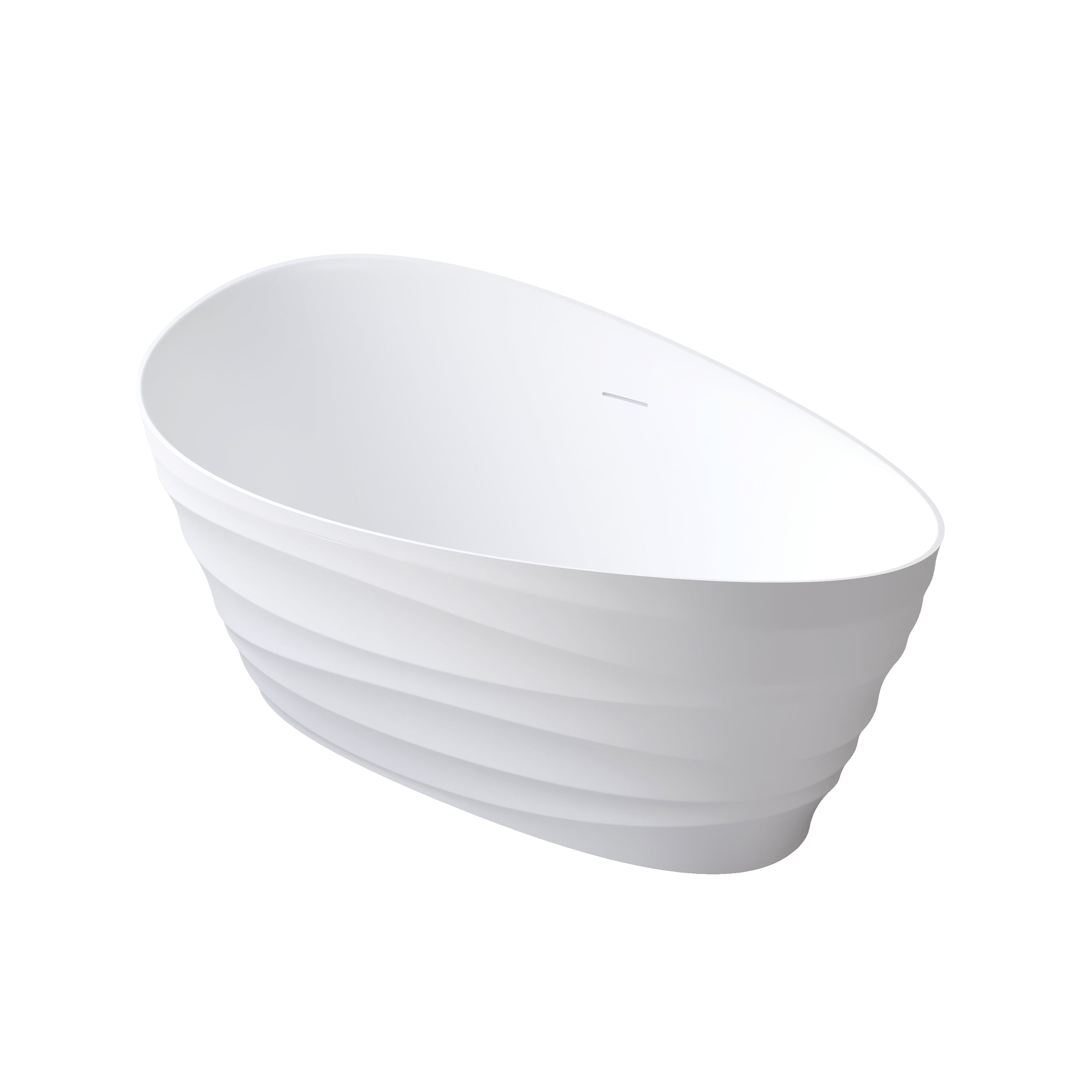 62" Freestanding Bathtub with Unique Ripple Texture, Modern Solid surface Soaking Tub with Overflow & Drain, Matte White