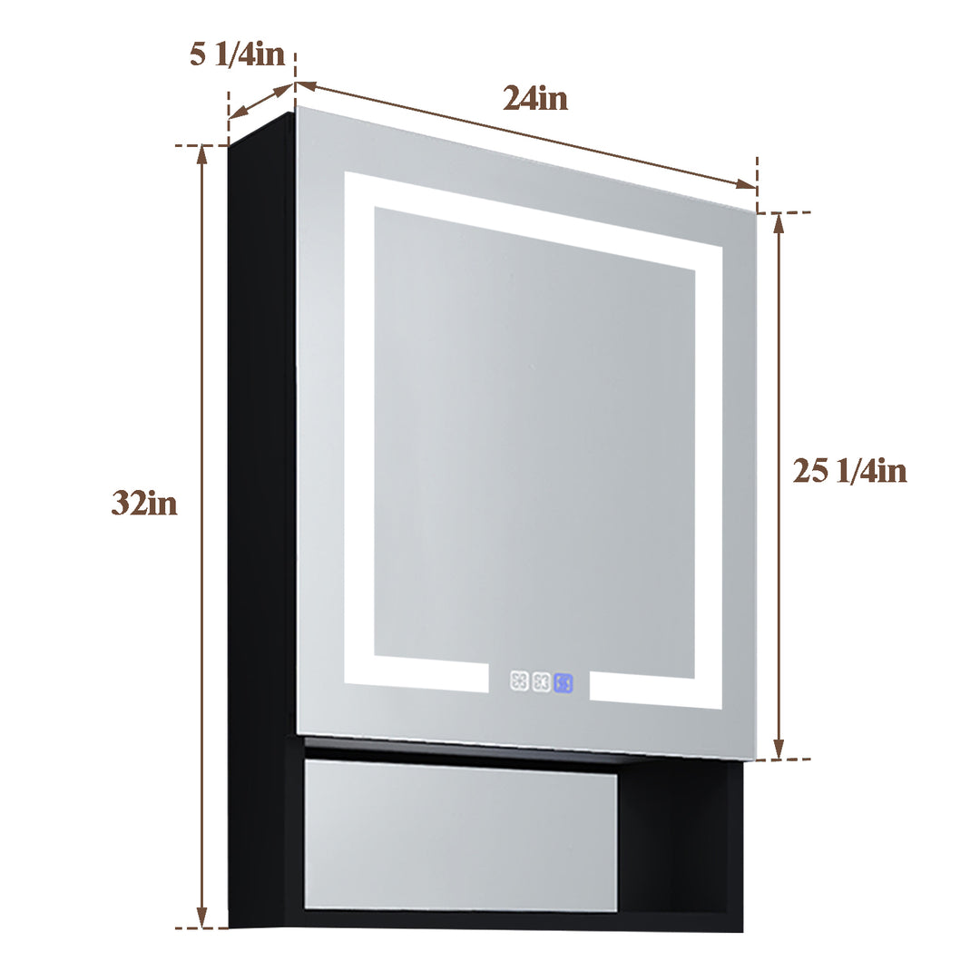 24" W x 32" H Lighted Black Bathroom Medicine Cabinet with Double Sided Mirror And Lights，Outlet Left Side