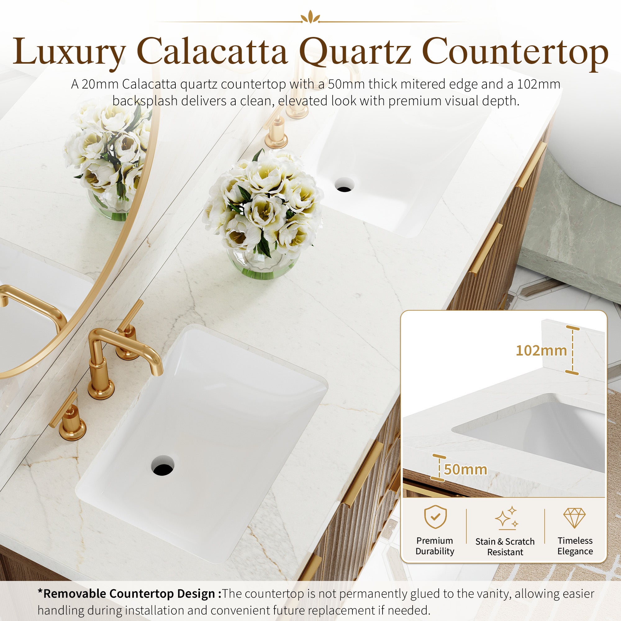 60 Inch Luxury Solid Oak Bathroom Vanity with Calacatta Quartz Countertop & 3 Dovetail Drawers and 4 Soft-close Doors