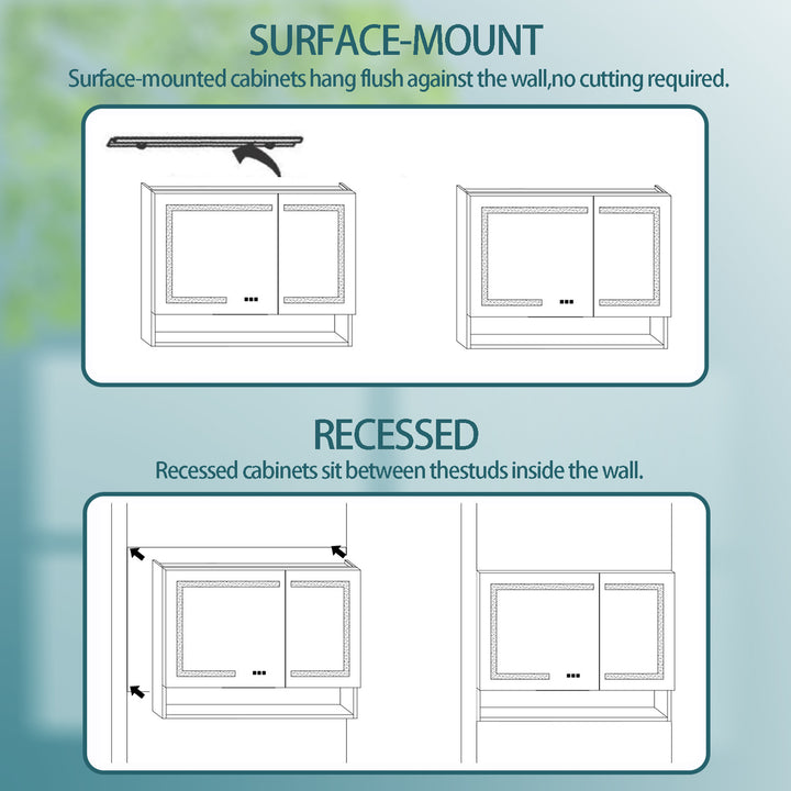 48" W x 32" H LED Lighted Mirror Aluminum Medicine Cabinet with Shelves for Bathroom Recessed or Surface Mount