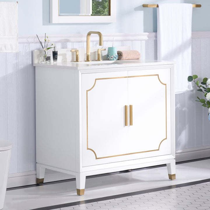 Melody 36 in. W x 22 in. D x 35 in. H Freestanding Bathroom Vanity in White with Carrara White Quartz Vanity Top