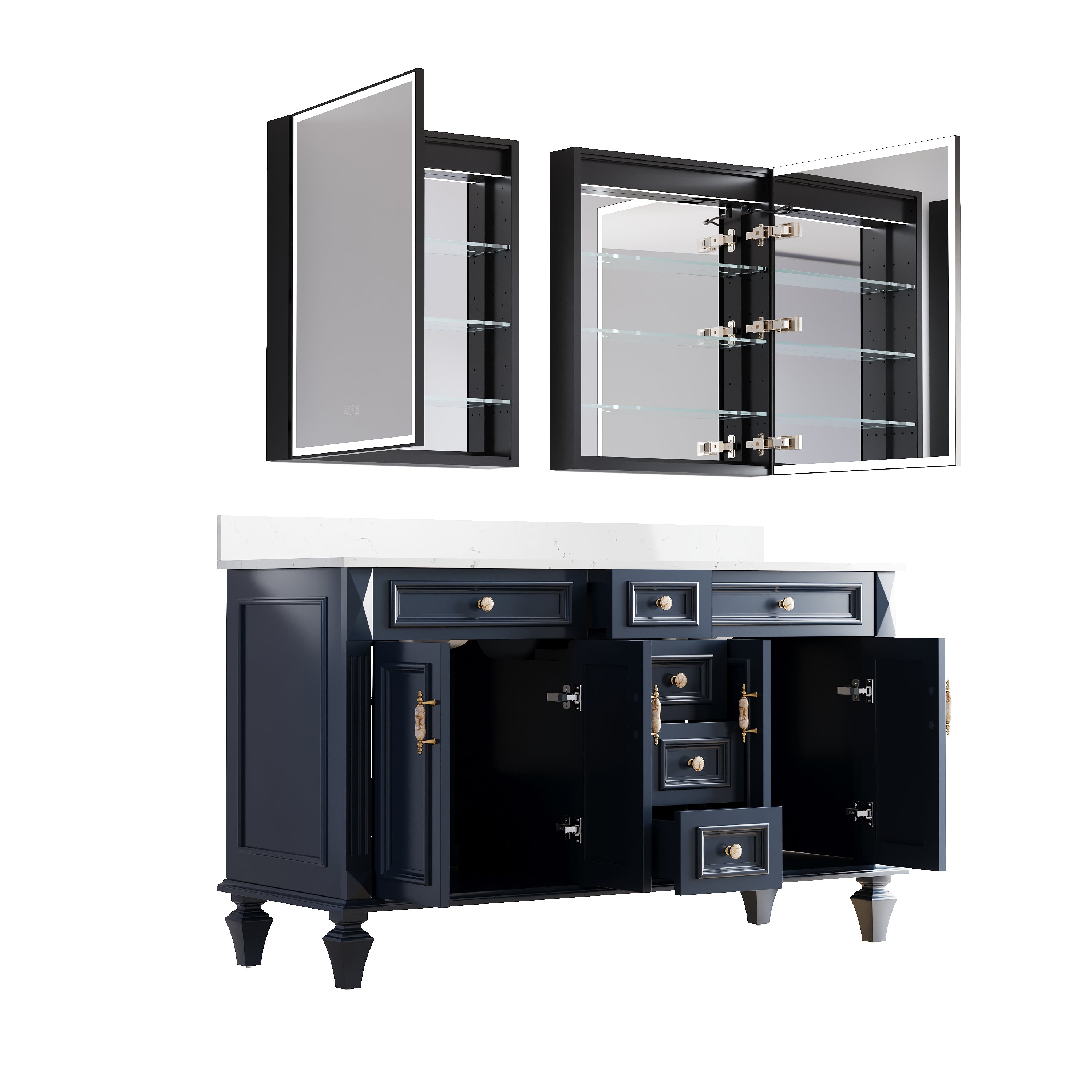 60" Navy Blue Solid Wood Bathroom Vanity & 2-Piece 24" LED Mirror Medicine Cabinet Combo