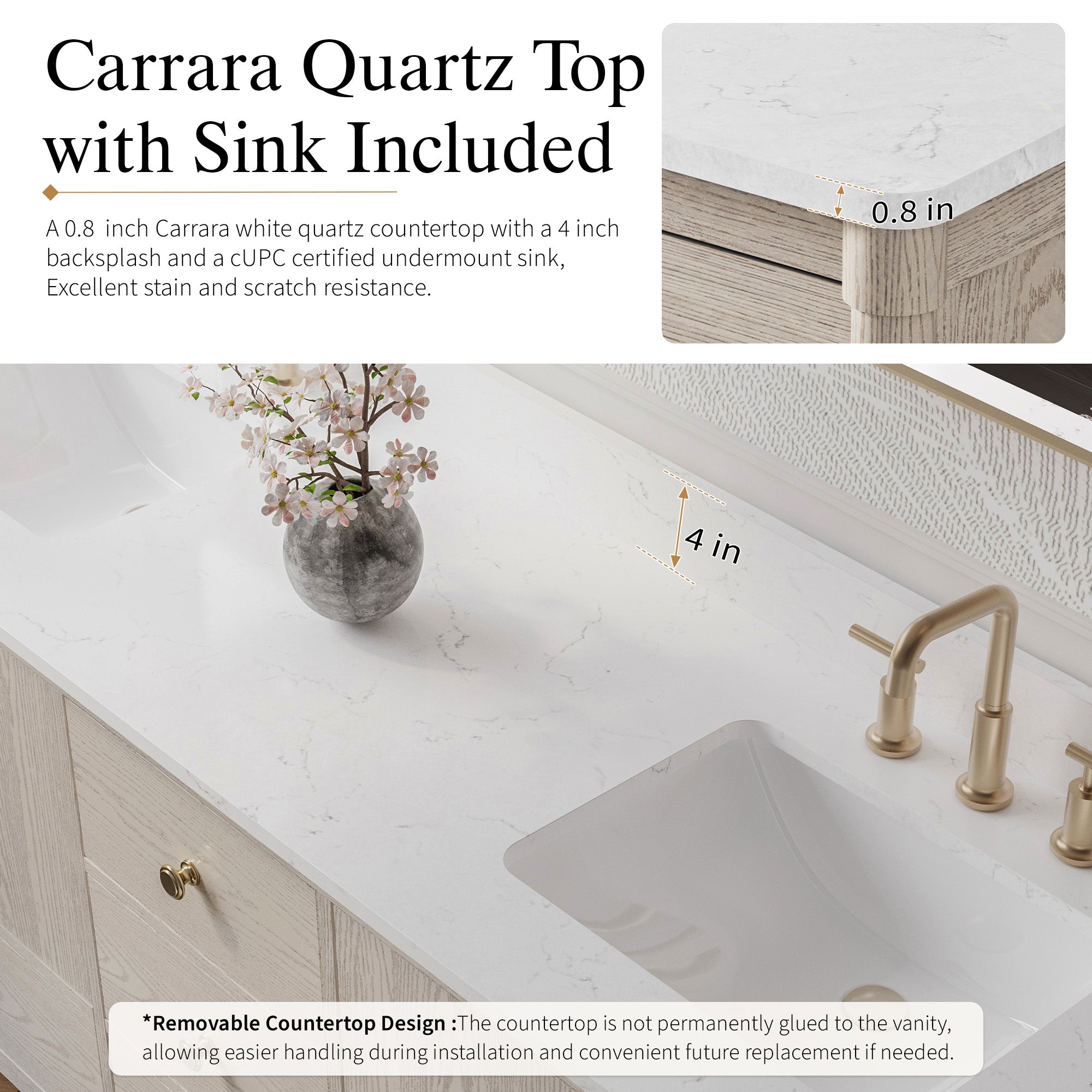 72 Inch Solid Wood Bathroom Vanity with Carrara Quartz Top, 4 Soft-Close Doors & 5 Drawers