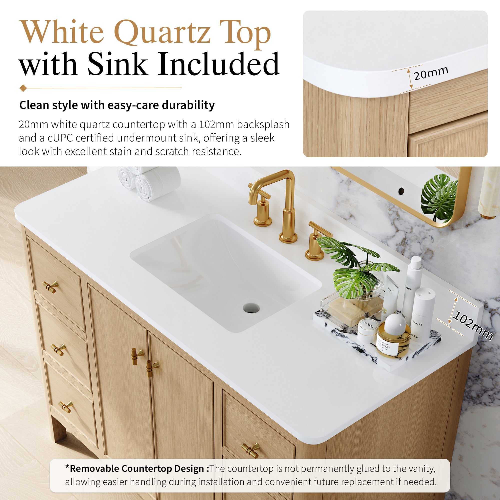 48 Inch Solid Wood Oak Bathroom Vanity with White Quartz Countertop & Sink – 6 Dovetail Soft-Close Drawers