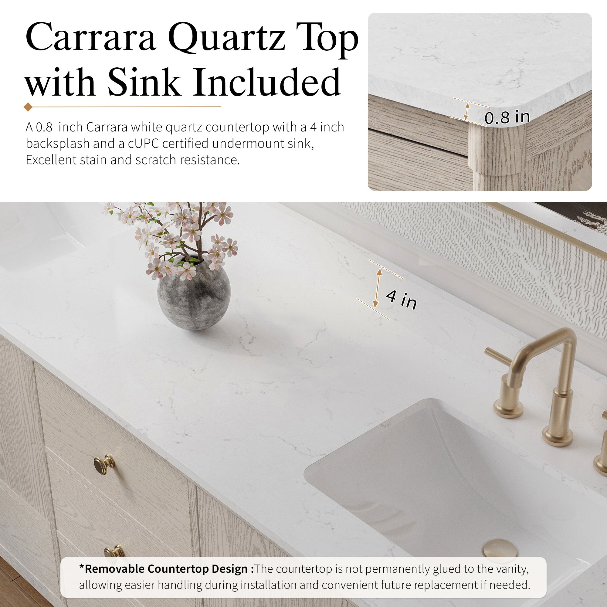 80 Inch Solid Wood Bathroom Vanity with Carrara Quartz Top, 4 Soft-Close Doors & 5 Drawers