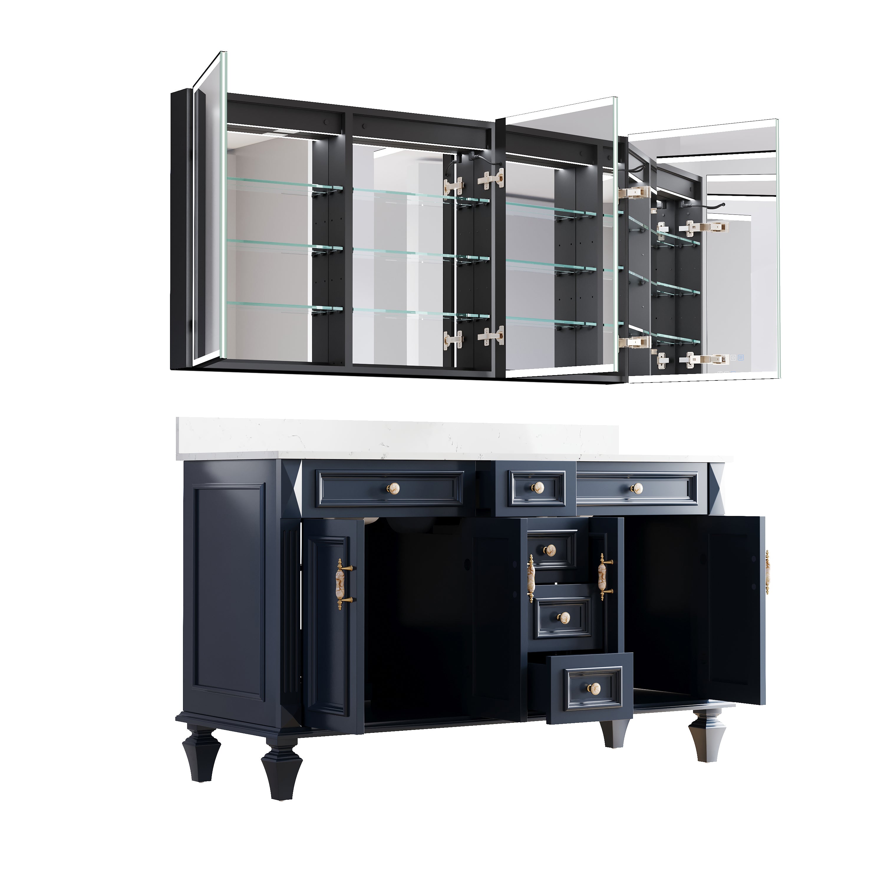 60" Navy Blue Solid Wood Bathroom Vanity & 60" LED Mirror Medicine Cabinet Combo