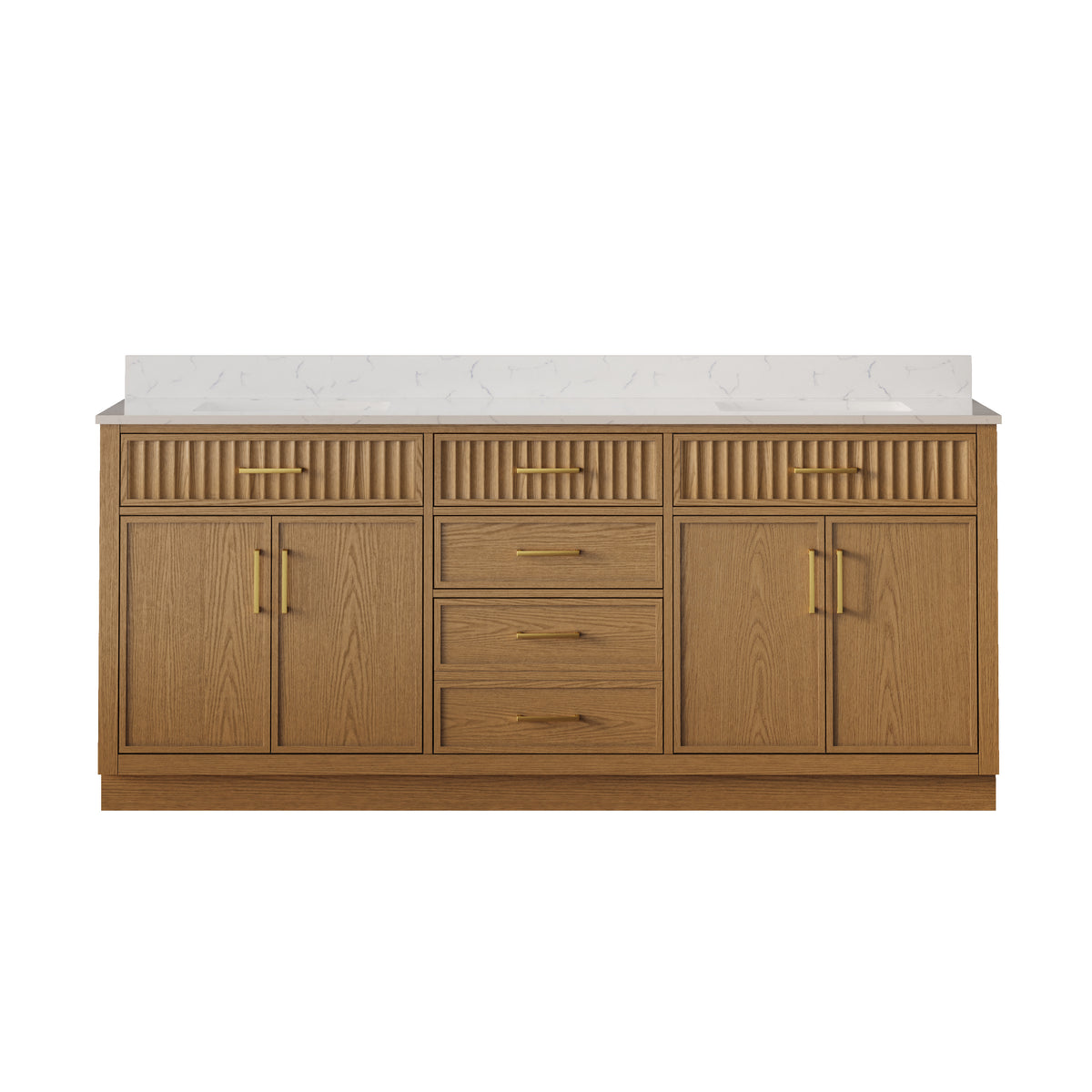 80 Inch Solid Wood and Plywood Bathroom Vanity with Carrara White Quartz Top, 4 Soft-Close Doors & 5 Drawers, Walnut