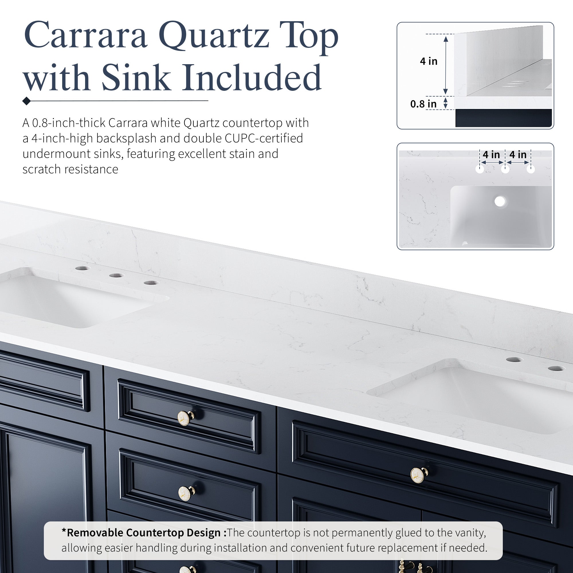 80 in. Freestanding Solid Wood Bathroom Vanity with Carrara White Quartz Countertop, Navy Blue