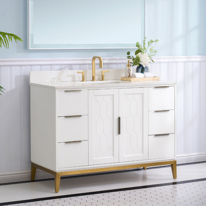 48 in. Bathroom Vanity in White with Carrara White Quartz Vanity Top with White Sink