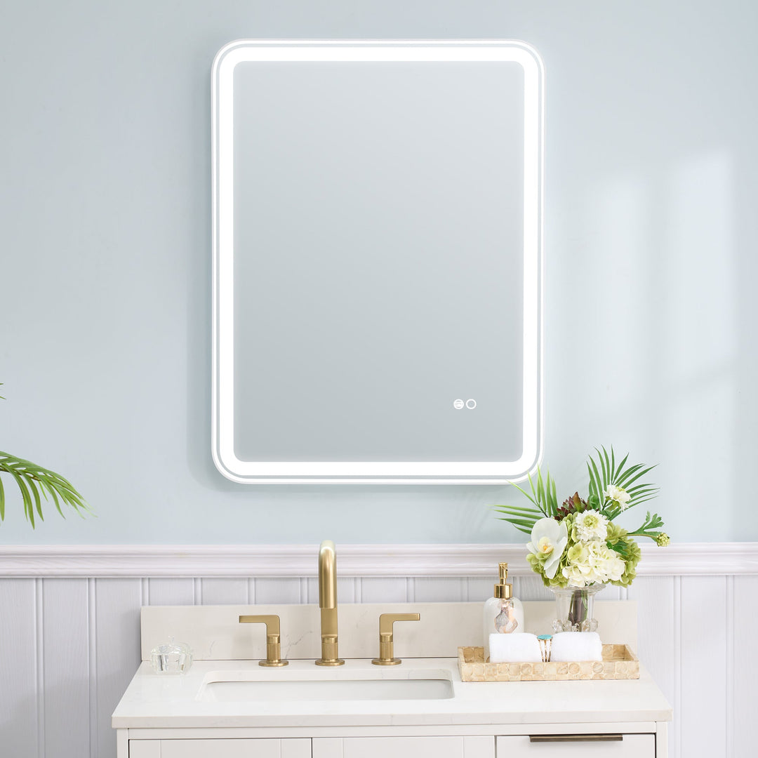 24 in. W x 32 in. H Framed Round Shaped Corners LED Light Bathroom Vanity Mirror in White