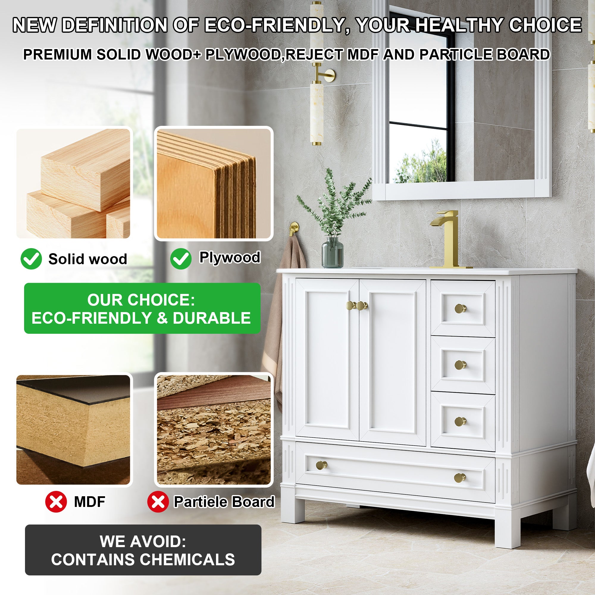 36 Inch Solid Wood Bathroom Vanity with cUPC Ceramic Basin, Soft-Close Doors and Brushed Gold Alloy Knobs