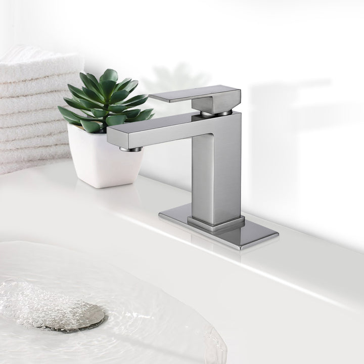 Single Hole Single-Handle Bathroom Faucet with Deckplate and Supply Line in Brushed Nickel