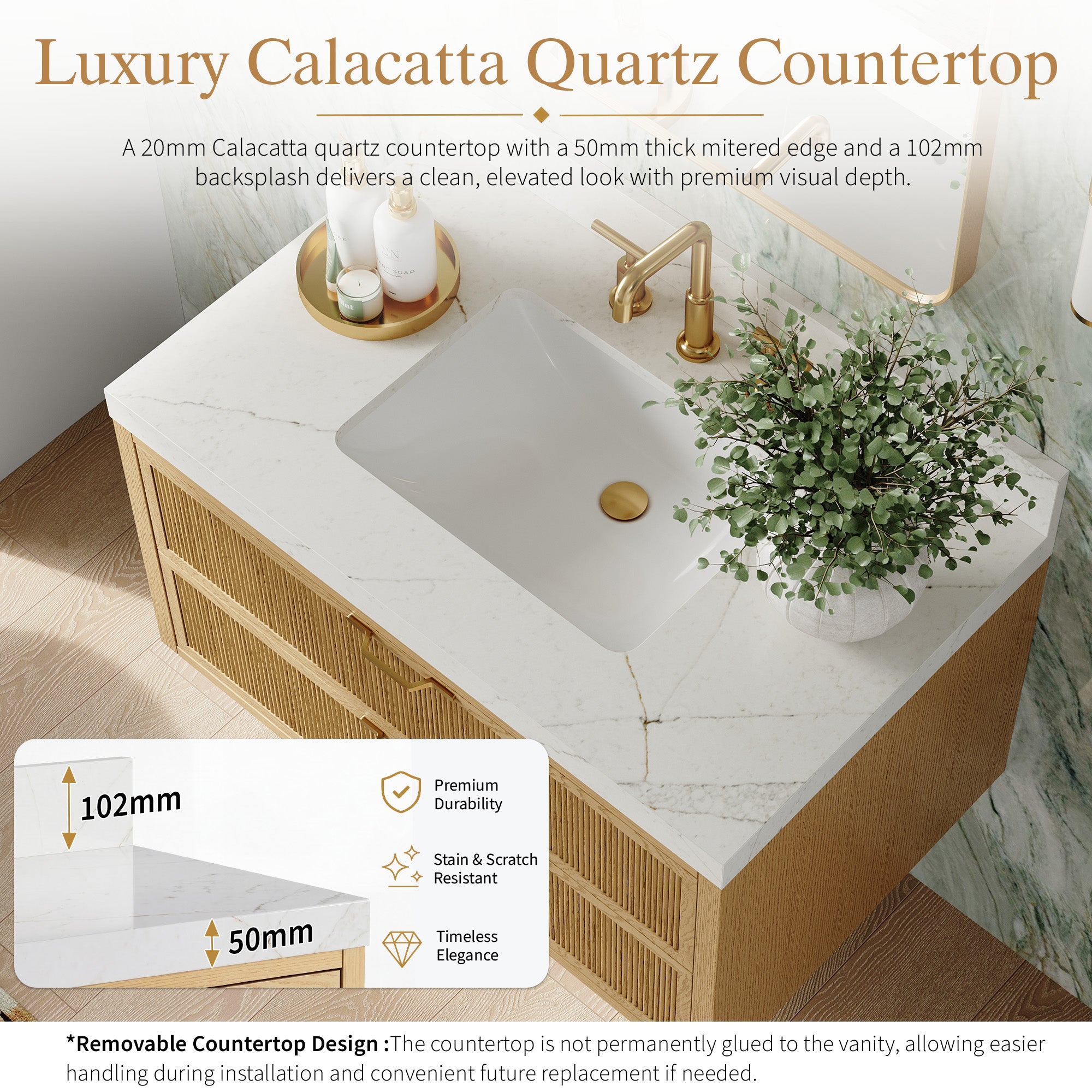 36-Inch Solid Oak Floating Bathroom Vanity with Calacatta Quartz Countertop, 2 Soft-Close Fluted Drawers