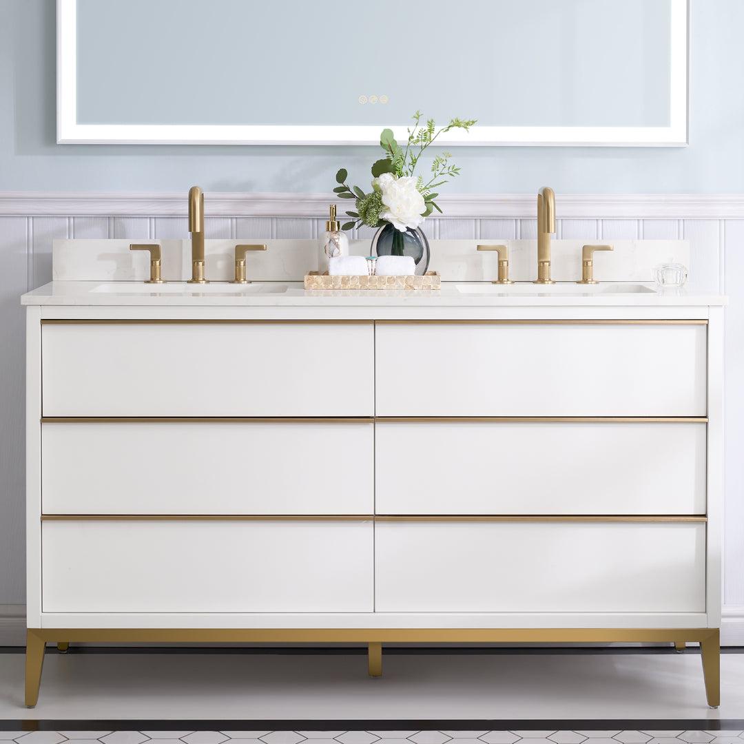 60 in. Bathroom Vanity in White with Carrara White Quartz Vanity Top
