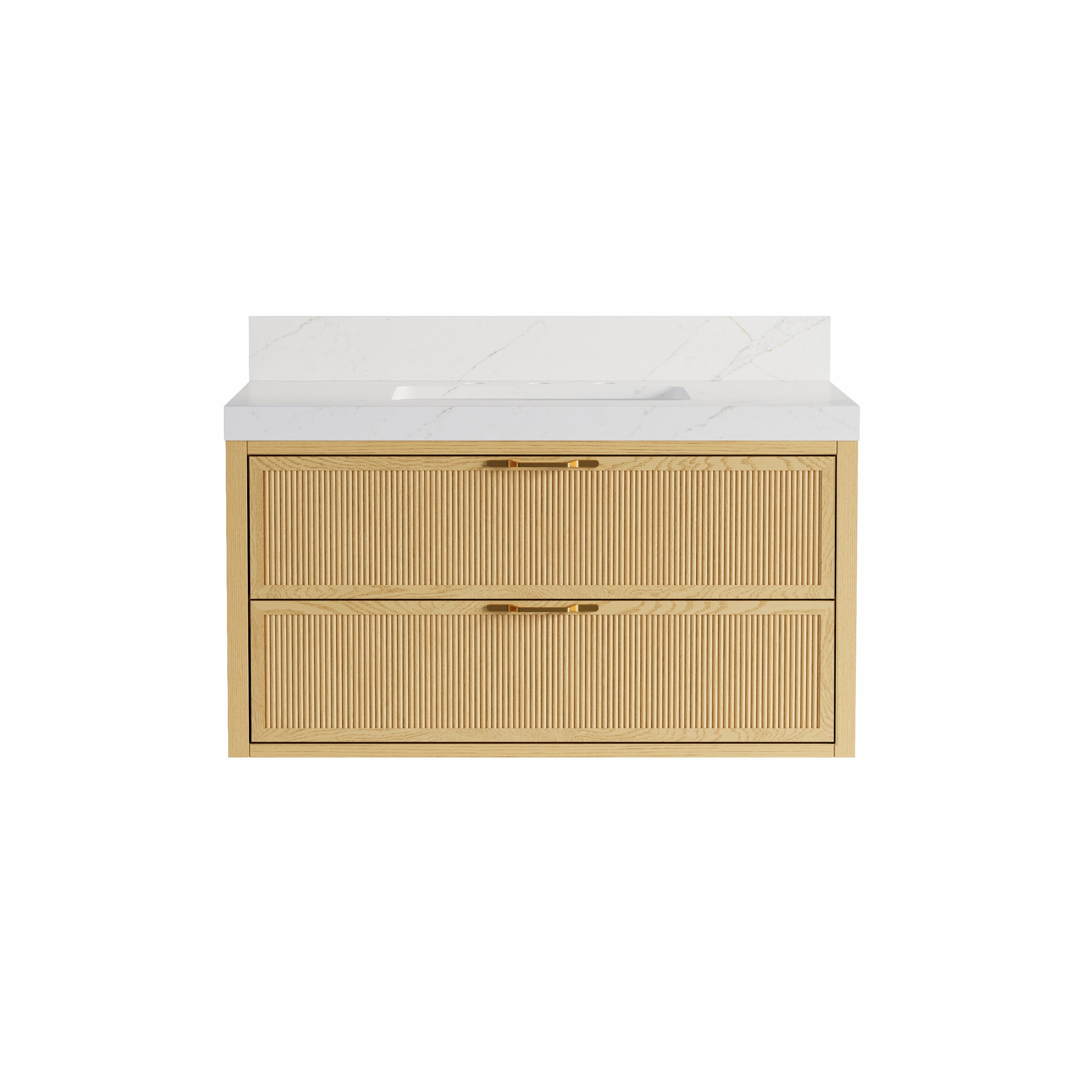 36-Inch Solid Oak Floating Bathroom Vanity with Calacatta Quartz Countertop, 2 Soft-Close Fluted Drawers